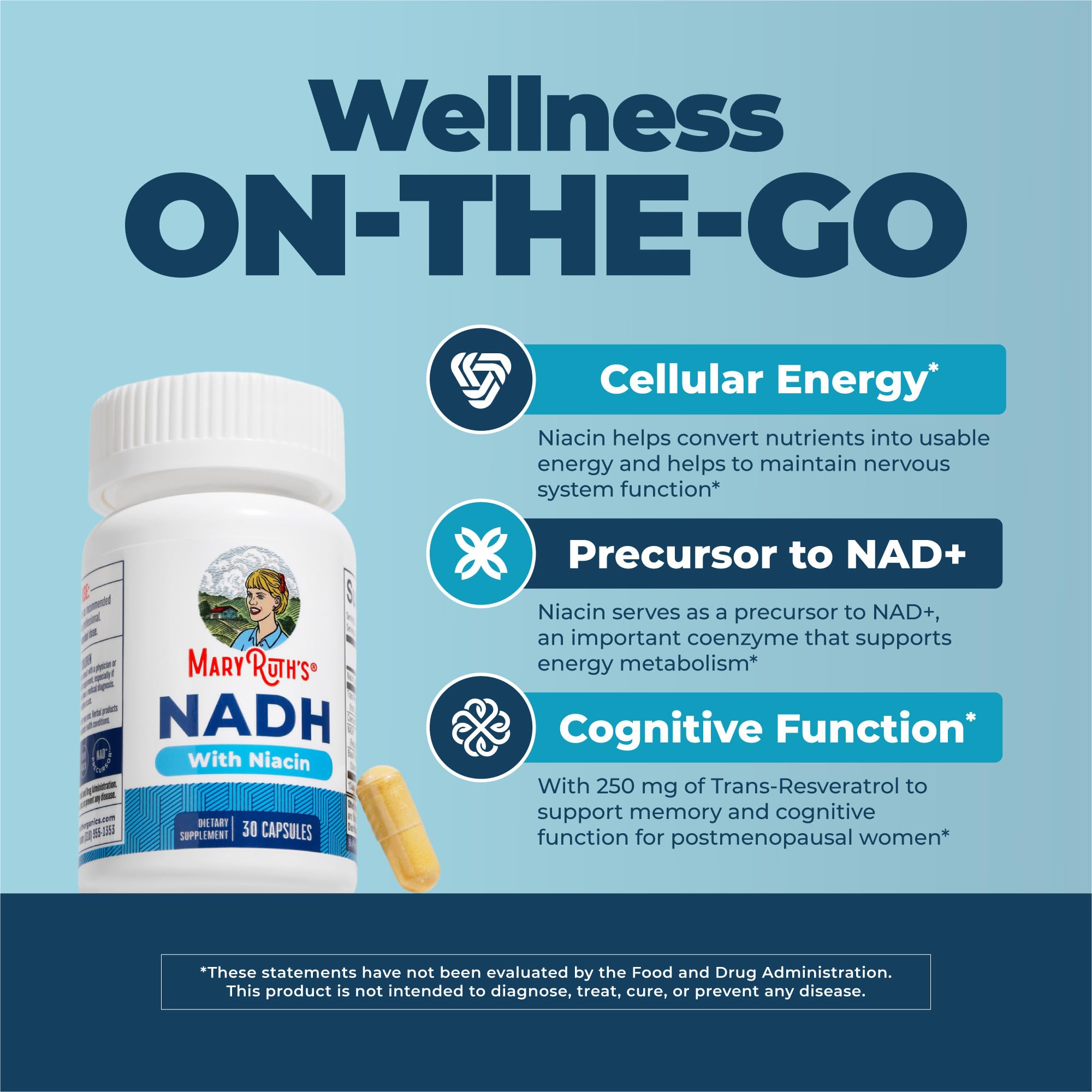 MARYRUTH'S NADH Capsules, Niacin, NAD+ Precursor, 30 Servings, CoQ10, Vegan