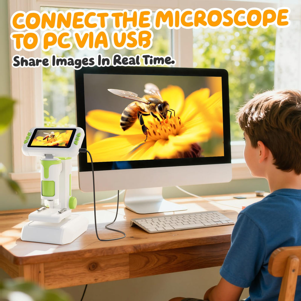 HEWEIMEI 1600X Microscope for Kids, 1080P 4.0" Digital Screen Kids Microscopes with Slides Kit, Educational Science Toys for Christmas Birthday Gifts for 3-14 Year Old Children Students