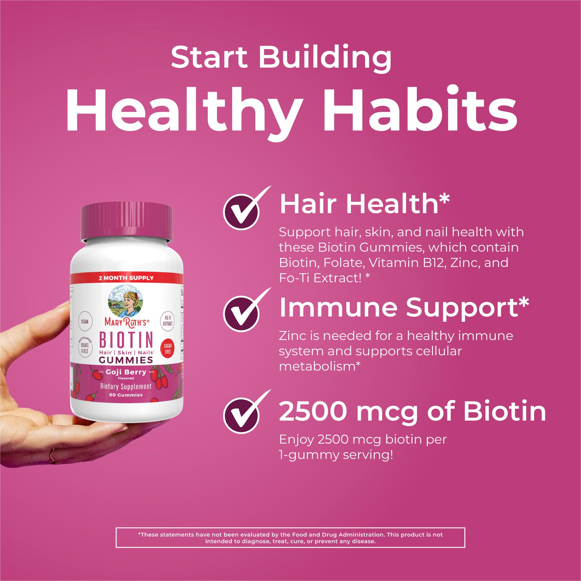 MARYRUTH'S Biotin Gummies, Hair Growth, Vegan, Sugar Free, Non-GMO, 60 Ct