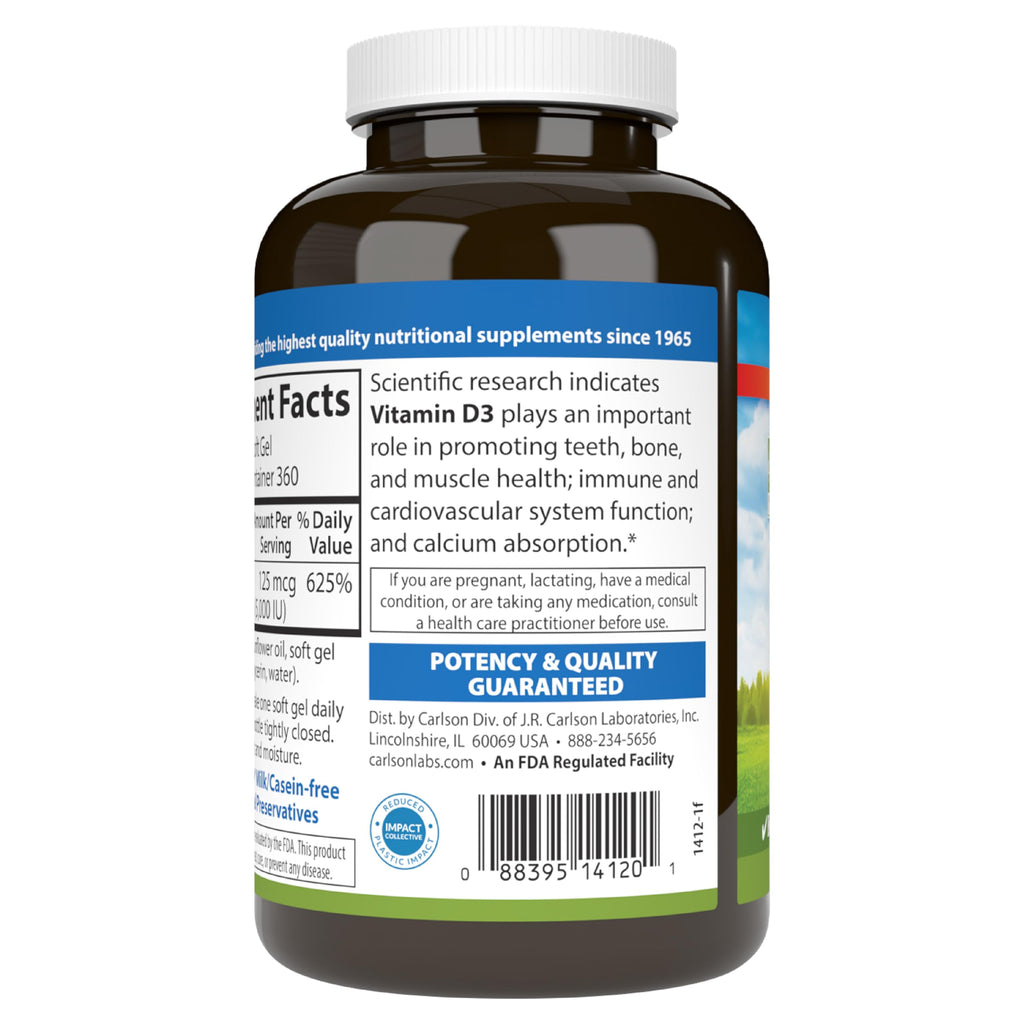 Carlson Vitamin D3 5000 IU (125 mcg), Bone Health, 360 Softgels