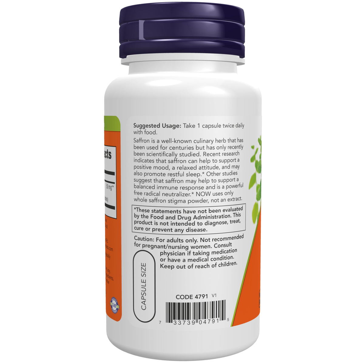 NOW Supplements, Saffron Whole Herb 50 mg with 10% Crocins, 60 Veg Capsules