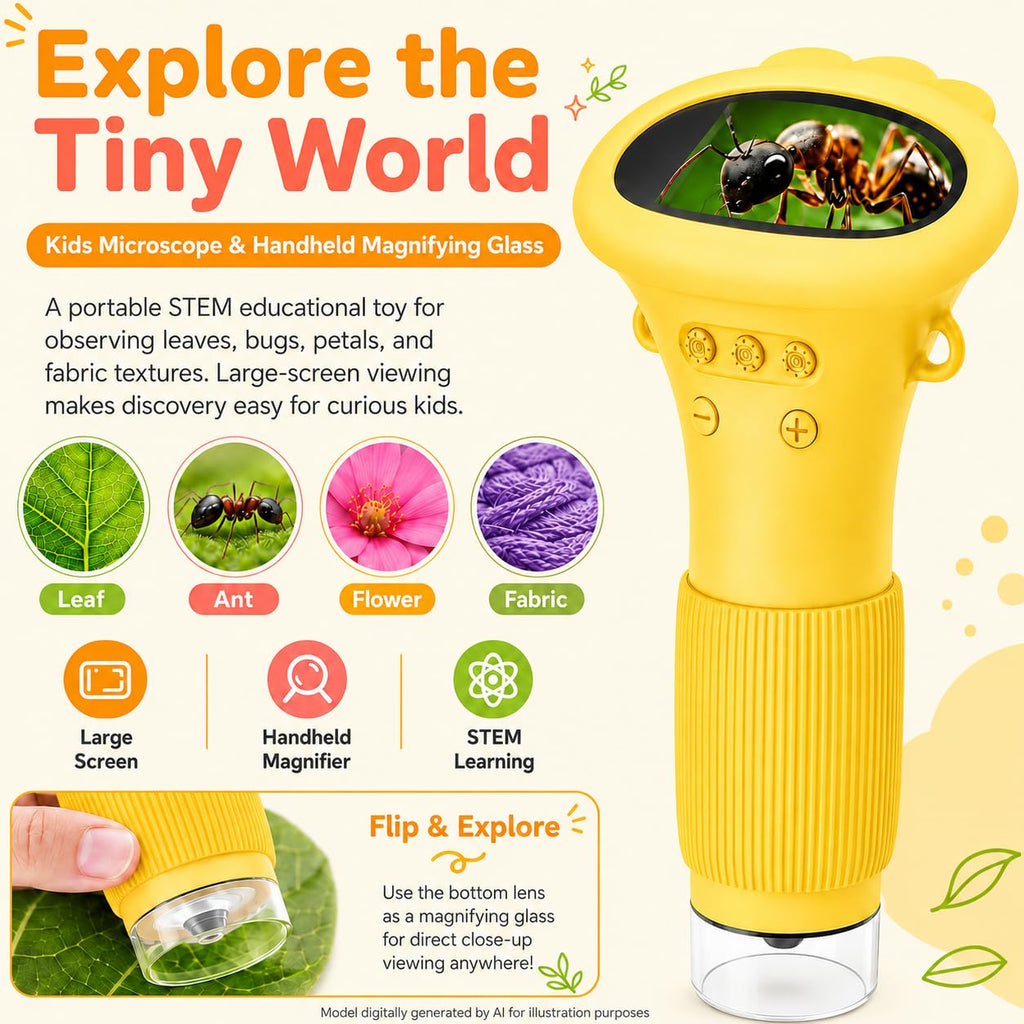1000X Microscope for Kids, 2'' Screen Kids Wonder Quest Microscope Camera, Digital Handheld Microscope, Educational Kids Magnifying Glass, Christmas Birthday Gifts for Age 3 4 5 6 7 8 9 10- Yellow