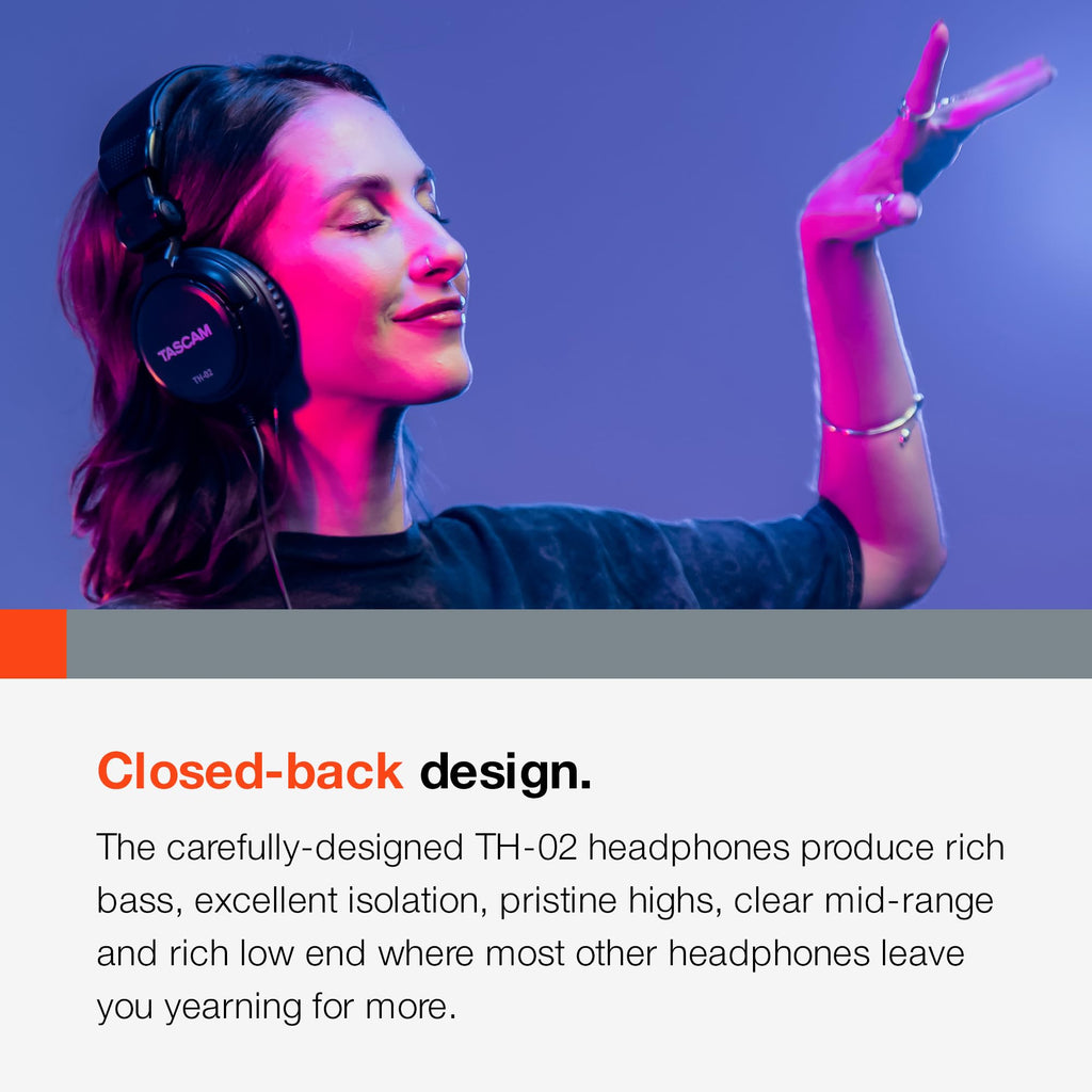 TASCAM TH-02 Professional Studio Monitor Headphones, Wired, Over Ear — for Recording, Podcast, DJ, Music and Guitar, with 1/4 Inch Jack Adapter