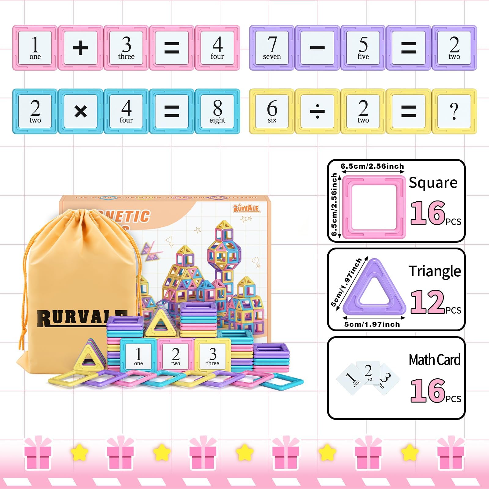 Rurvale Toddler Girl Toys, Magnetic Tiles 44pcs, Birthday Gifts Ideas for Girls Toys Age 3 4 5, Magnetic Blocks, Magnet STEM Montessori Toddler Kids Christmas Toy Gifts for 3 4 5 6 7 Year Old Girls