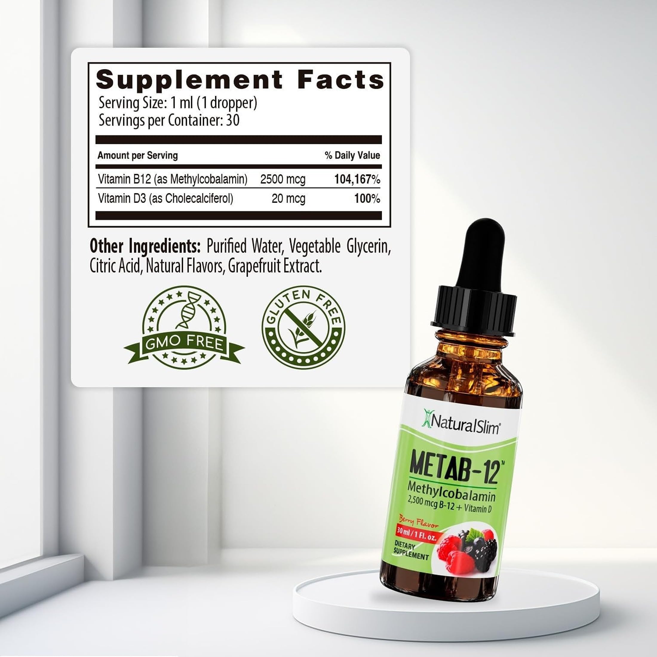 NaturalSlim Liquid B12 Vitamins with Vitamin D - Metab-12 Methylcobalamin 2500 mcg B12 Sublingual Drops for Metabolism, Energy, & Immune Support - Berry Flavor 1 fl oz