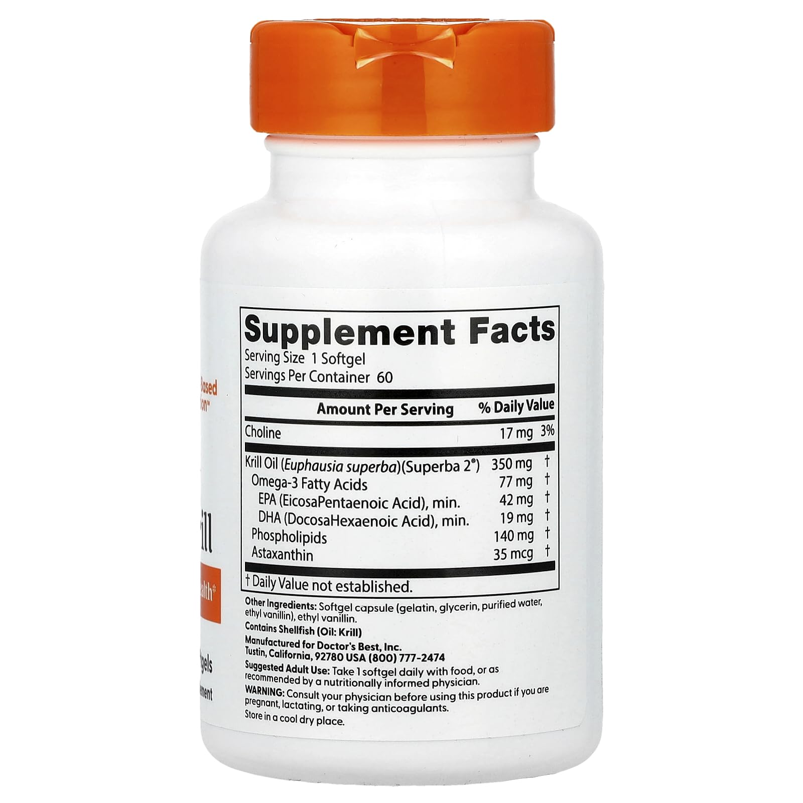 Doctor's Best Real Krill Antarctic Krill Oil Complex 350 mg/60 softgels (1-2 month supply)
