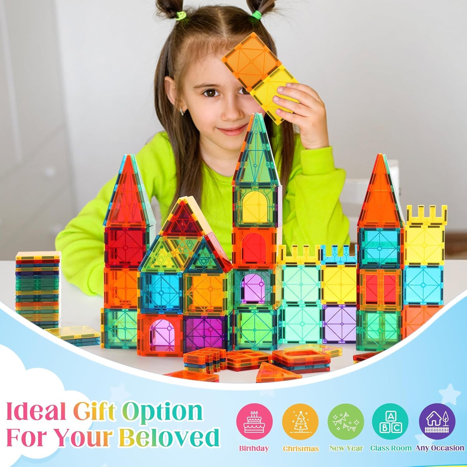 OugerToy 104PCS Magnetic Tiles STEM Building Blocks for Kids Ages 3-9