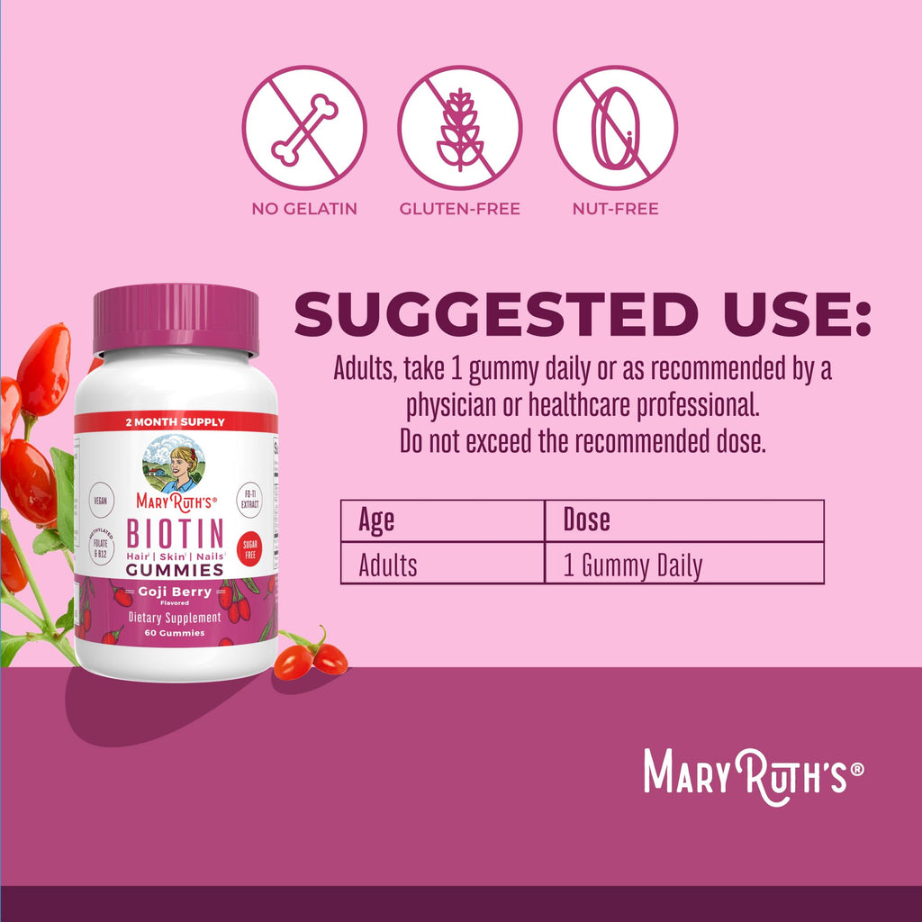 MARYRUTH'S Biotin Gummies, Hair Growth, Vegan, Sugar Free, Non-GMO, 60 Ct