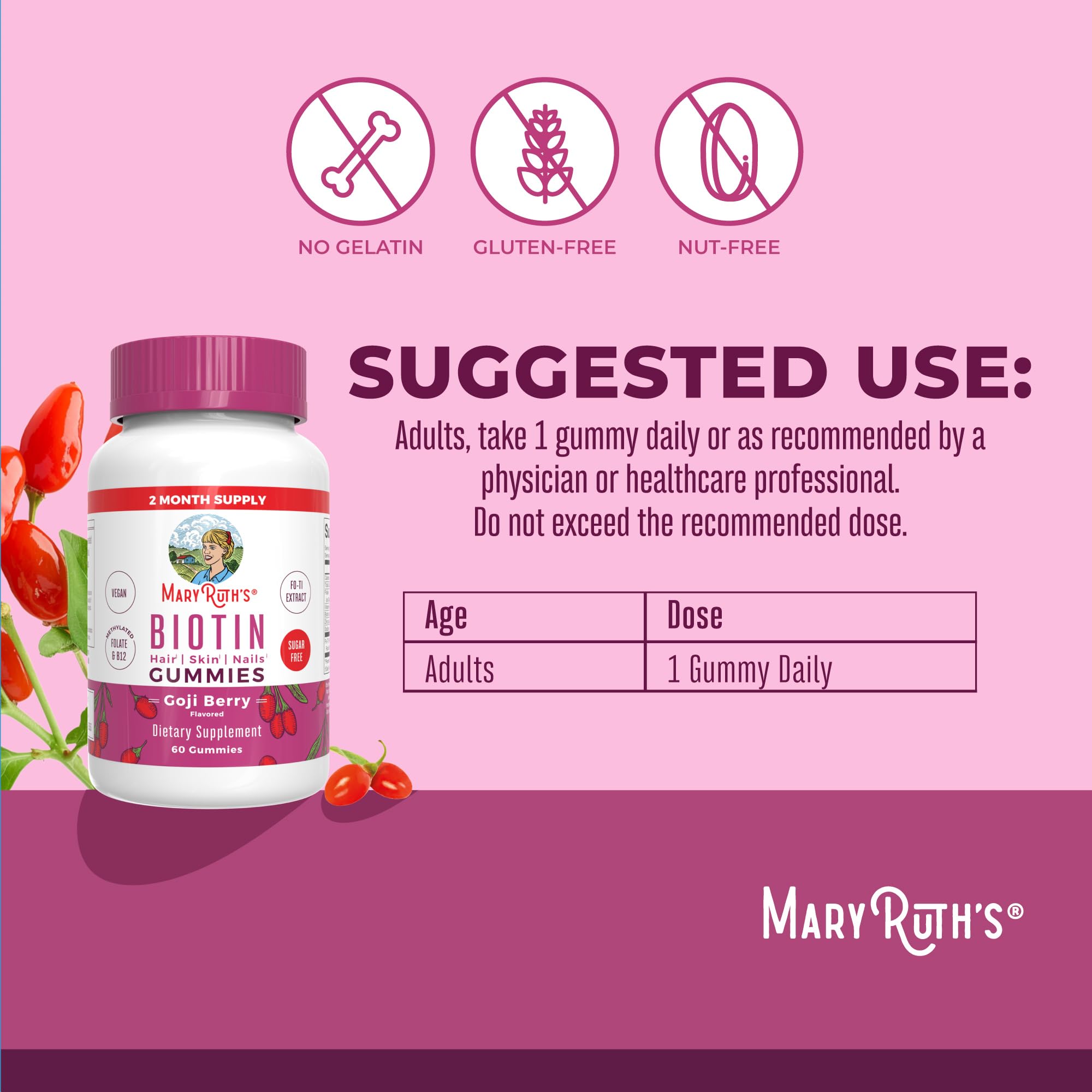 MARYRUTH'S Biotin Gummies, Hair Growth, Vegan, Sugar Free, Non-GMO, 60 Ct