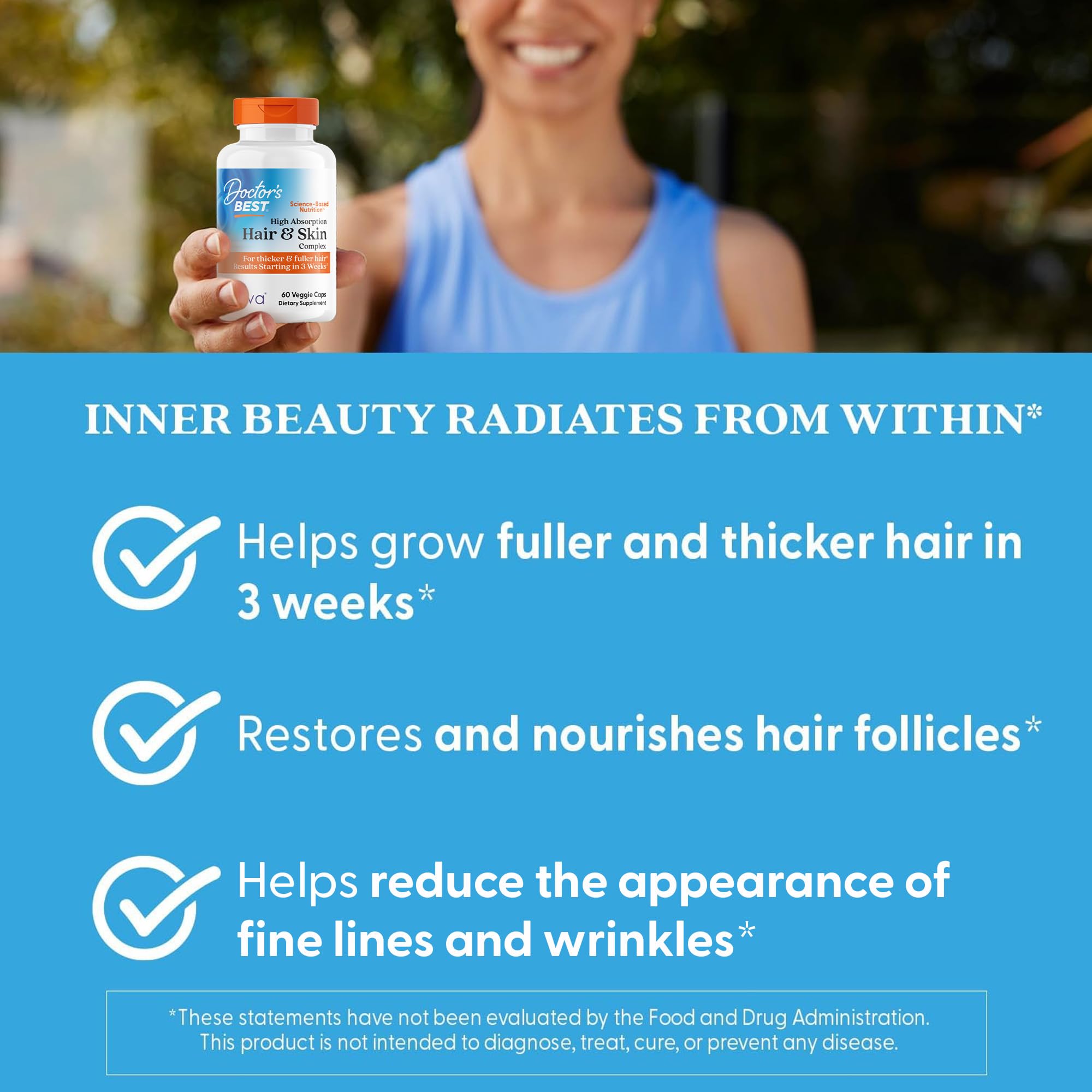 High Absorption Hair & Skin Complex, Clinically Shown to Grow Thicker, Healthier Hair in 3 Weeks, Supports Hair Growth & Skin Health, Non-GMO, Gluten Free, Soy Free, Vegan, 60 Veggie Capsules