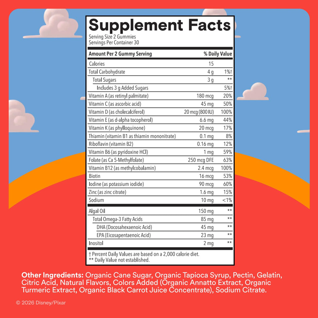 SmartyPants and Disney-Pixar’s Toy Story 5 Kids Multivitamin Gummies, Omega 3 DHA EPA, Vitamin D, C, B12, E, Zinc and Iodine, Clean Label, Gluten Free, Mixed Fruit Flavors, 30 Day Supply, 60 Gummies