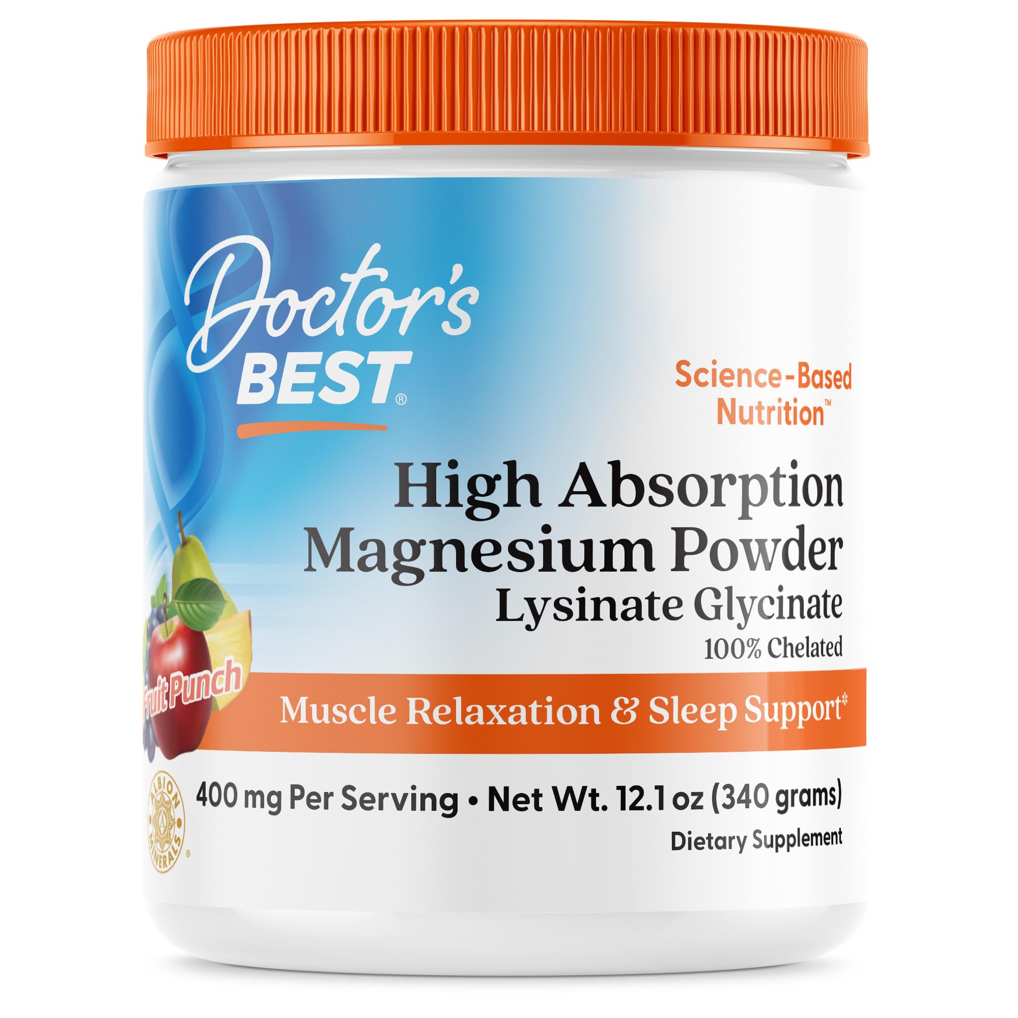Doctor's Best Magnesium Glycinate Powder for Calm & Sleep Support - Magnesium Supplement for Men & Women, 400 mg Per Serving, 100% Chelated, High Absorption, Fruit Punch Flavor, Gluten Free - 12.1 oz