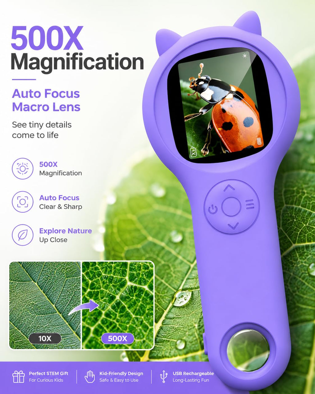 Ashfly Kids Microscope, 500X Digital Magnifying Glass, STEM Toy, Purple
