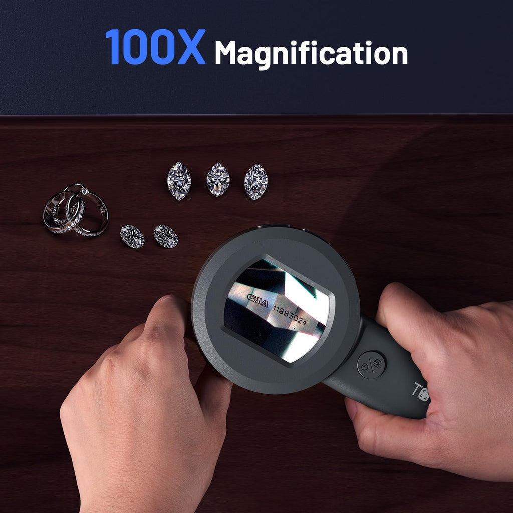 TOMLOV P10 Microscope for Adults Kids, Handheld Coin Magnifier with Light for Error Coins, Portable Trichome Magnifying Glass 100X, Collector Pocket Jewelers Loupe, Digital Microscope with 2" Screen