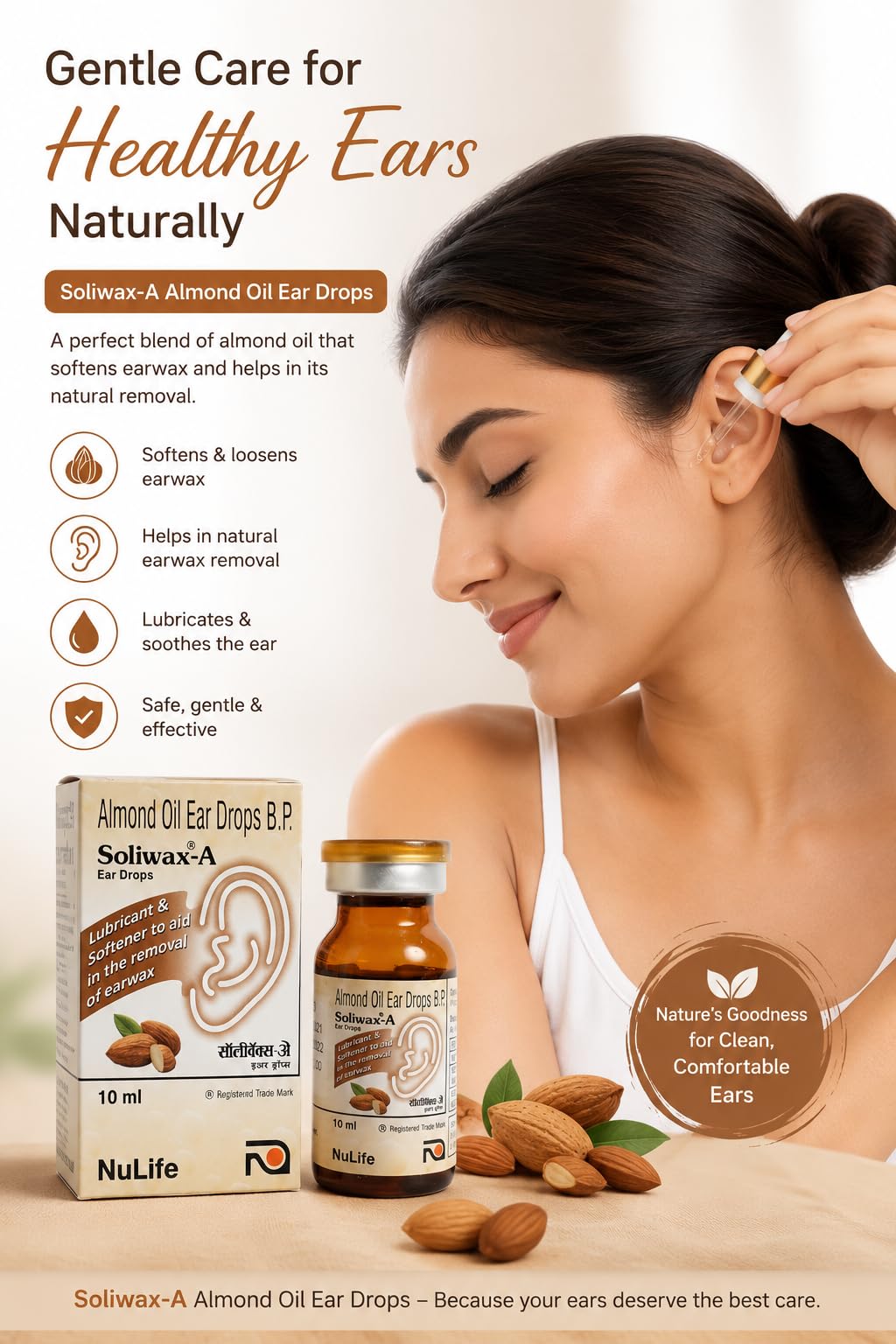 Soliwax Almond Oil Ear Drops 10ml for Natural, Gentle Removal of Excessive Earwax, Natural Earwax Softener | Helps Loosen & Soften Hardened Ear Wax | Lubricating Ear Care Drops