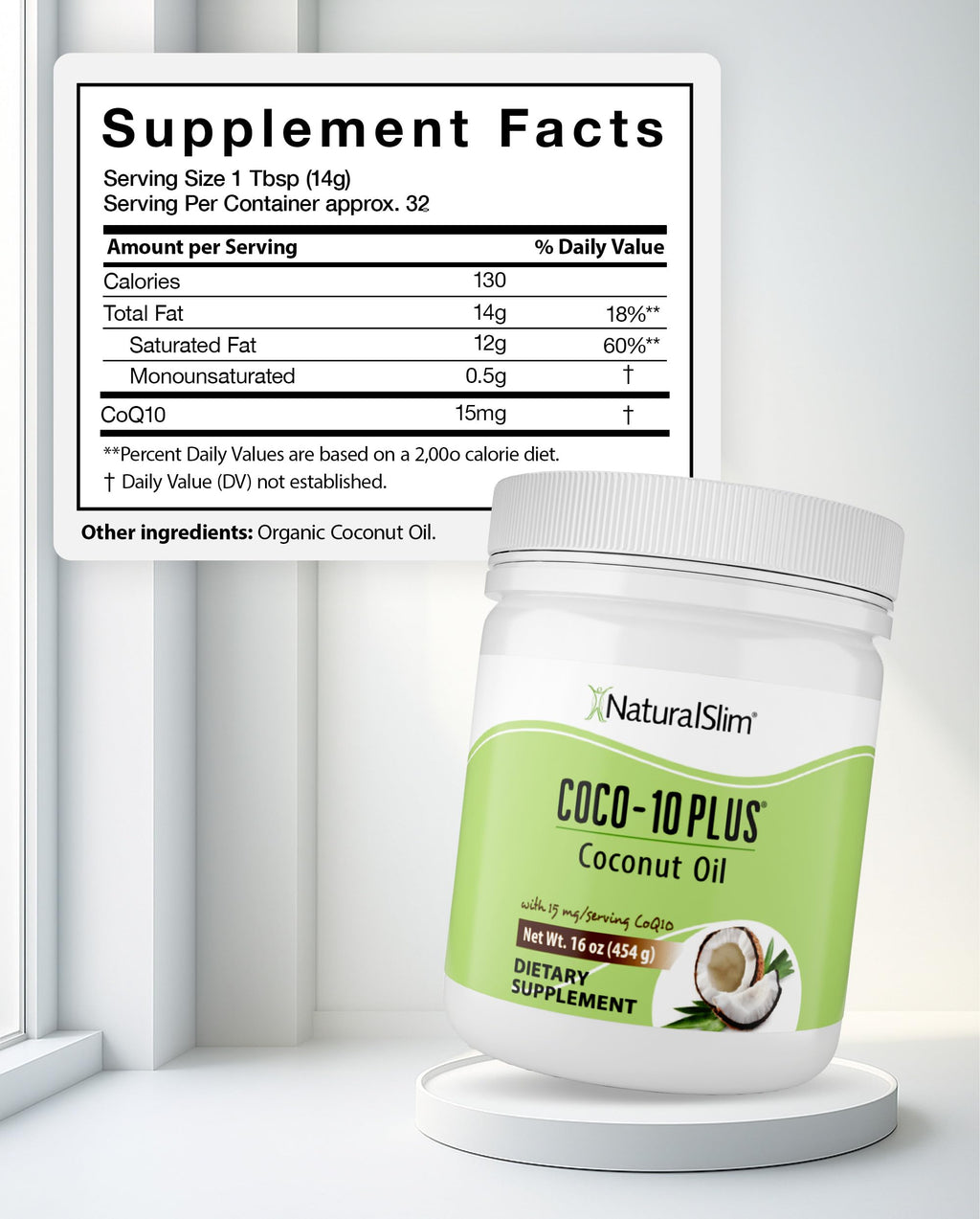 NaturalSlim Coconut Oil with CoQ10 - MCT Oil Organic Coconut Oil for Baking, Mixing with Shake, Smoothies, Coffee, or Ingest Directly - Boost Energy, Metabolism and Immune System Fresh Flavor
