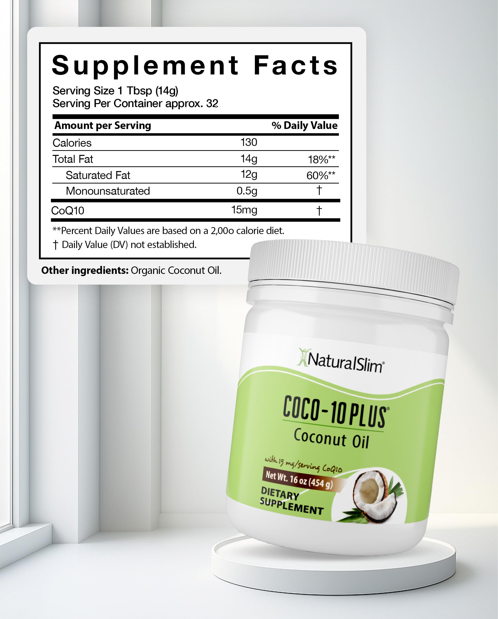 NaturalSlim Coconut Oil with CoQ10 - MCT Oil Organic Coconut Oil for Baking, Mixing with Shake, Smoothies, Coffee, or Ingest Directly - Boost Energy, Metabolism and Immune System Fresh Flavor