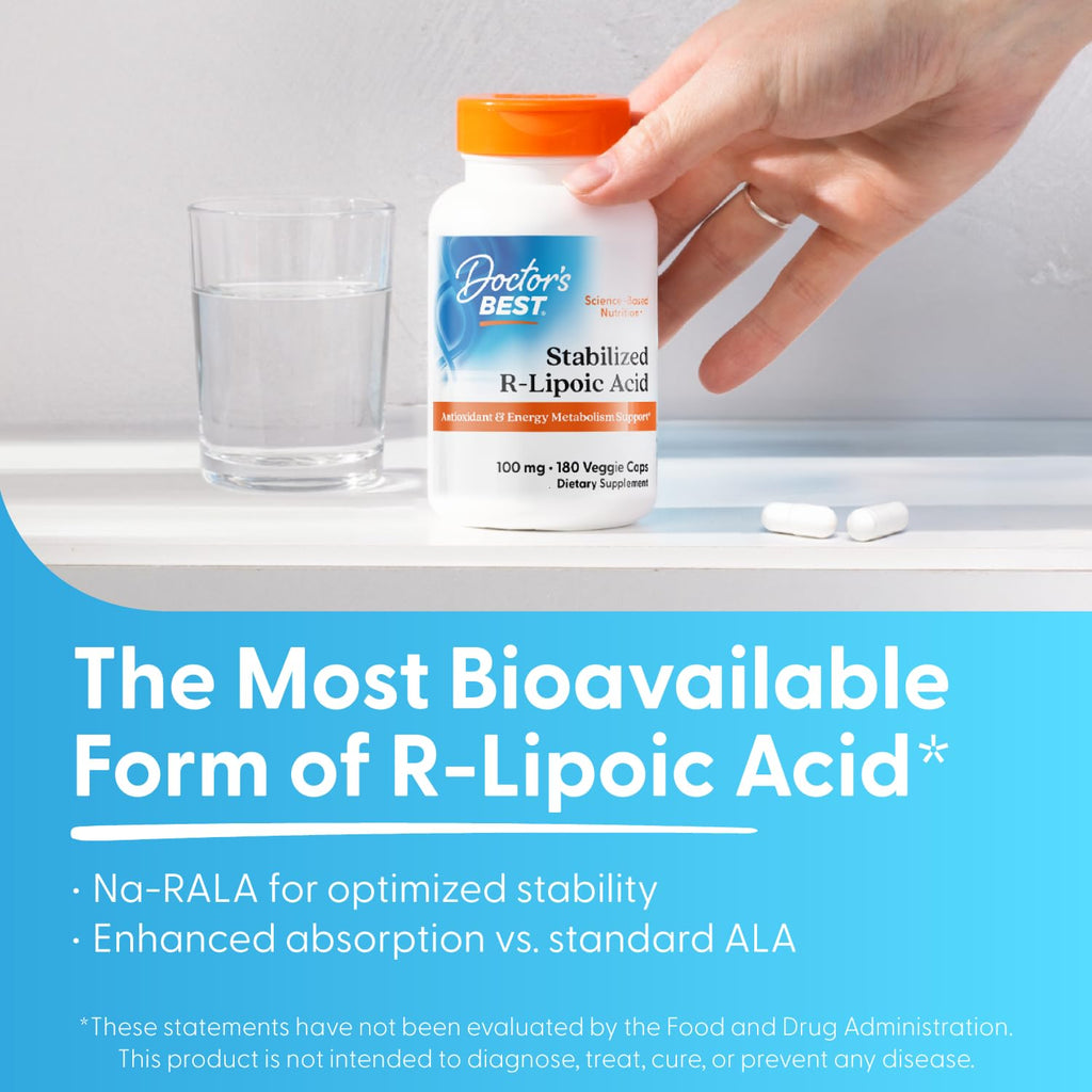 Doctor's BEST Stabilized R-Lipoic Acid Supplement 100 mg - R-Alpha Lipoic Acid Capsules for Men & Women, Formula with D-Biotin, Antioxidant & Metabolic Response Support, Vegan - 180 Veg Caps