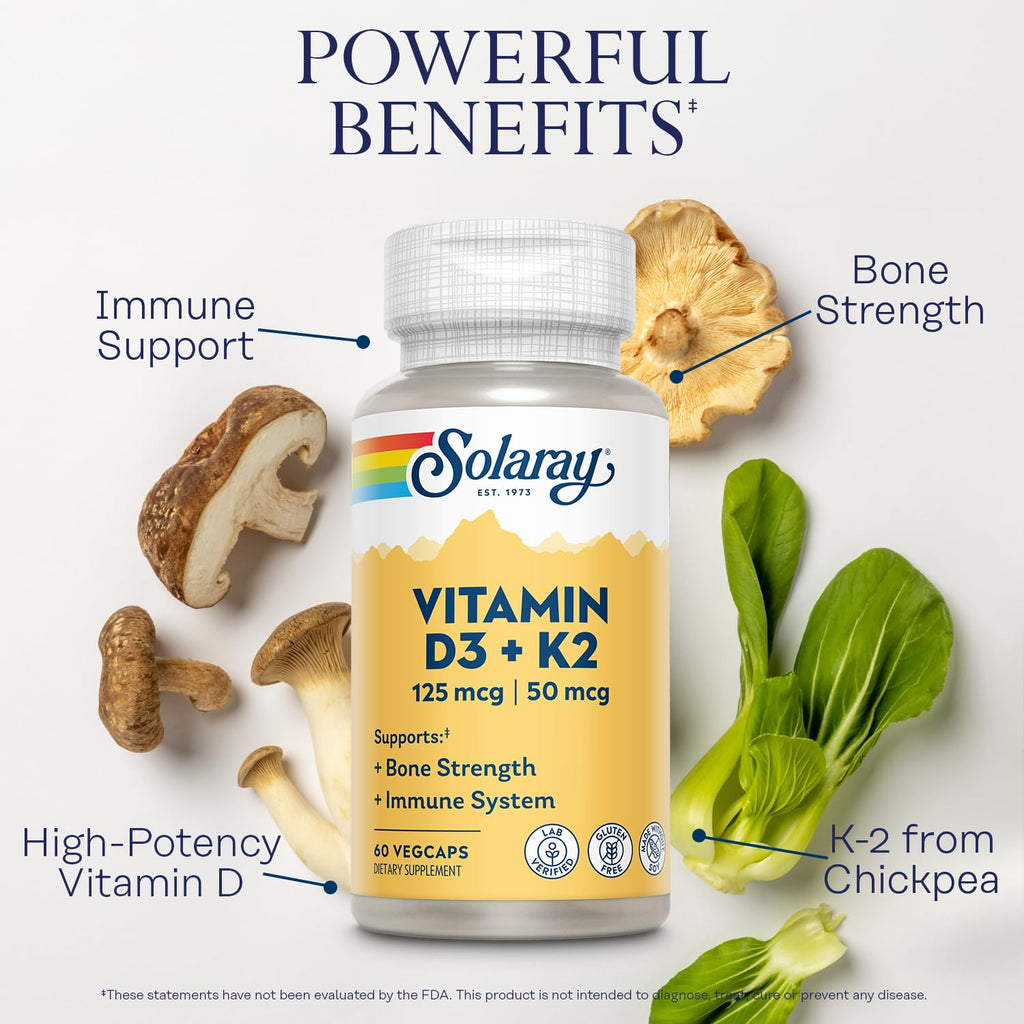 SOLARAY Vitamin D3 K2, K2 D3 Vitamin Supplement for Calcium Absorption, Bone Strength, Cardiovascular & Immune Function Support, Made Without Soy, 60-Day Guarantee, 60 Servings, 60 VegCaps