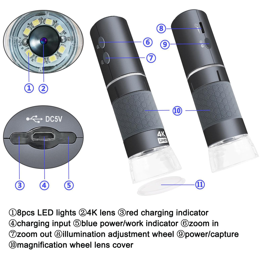 Jiusion 4K 50-1000x WiFi USB Digital Handheld Microscope with Metal Stand