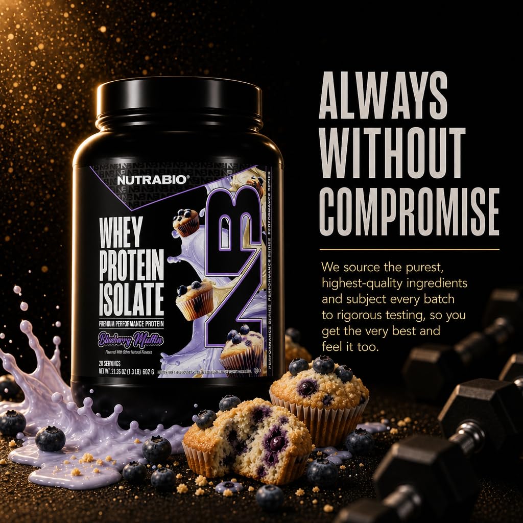 NutraBio 100% Whey Protein Isolate Protein Powder, 25g Protein with Complete Amino Acid Profile, Non-GMO, Soy & Gluten Free, Low Carb, Low Calorie Whey Protein Powder, Blueberry Muffin, 20 Servings