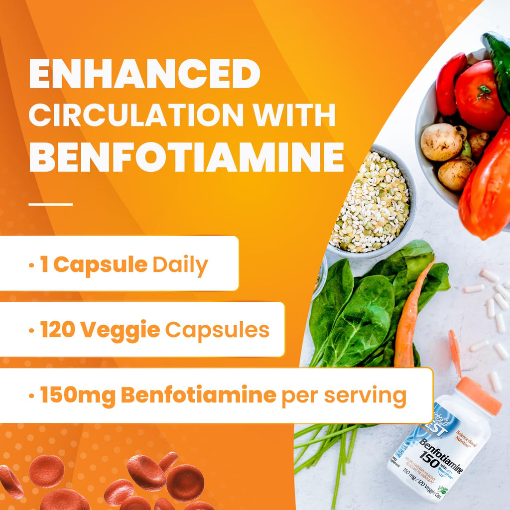 Doctor's Best Benfotiamine 150mg Supplement - Bioavailable Vitamin B1 for Men & Women, Benfotiamine B1 Capsules, Supports Nerve & Metabolic Health, Antioxidant Support, Non GMO, Vegan -120 Veggie Caps