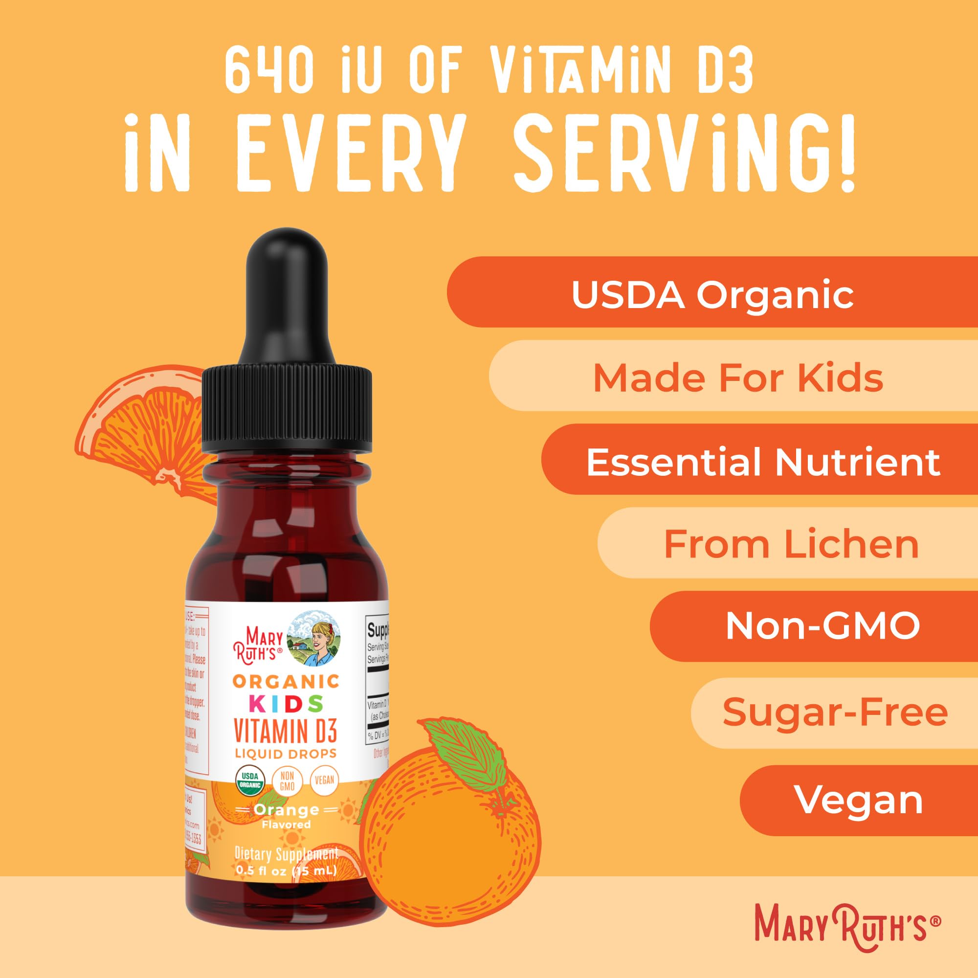 MARYRUTH'S USDA Organic Kids Vitamin D3 Liquid Drops, Orange, 0.5 oz