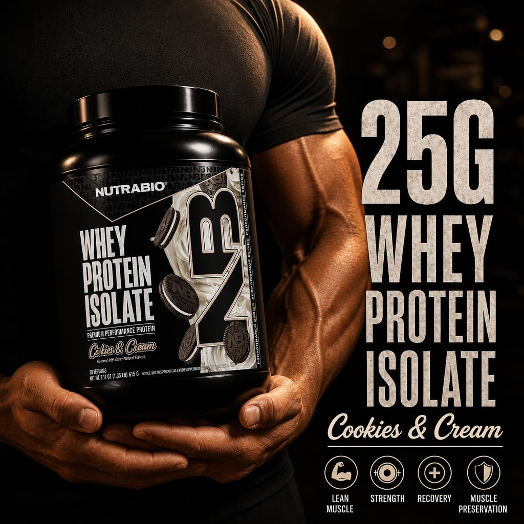 NutraBio 100% Whey Protein Isolate Protein Powder, 25g Protein with Complete Amino Acid Profile, Non-GMO, Soy & Gluten Free, Low Carb, Low Calorie Whey Protein Powder, Cookies & Cream, 20 Servings