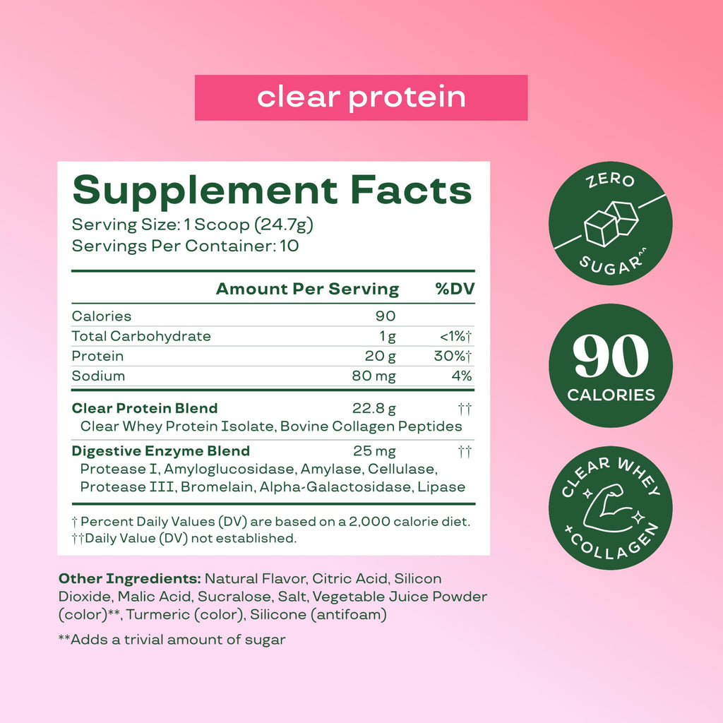 Bloom Clear Protein, Whey Protein Isolate with Collagen Peptides and Digestive Enzymes, 20g Protein, Sugar Free Post Workout Drink Mix, 90 Calories, Strawberry Watermelon, 10 Servings