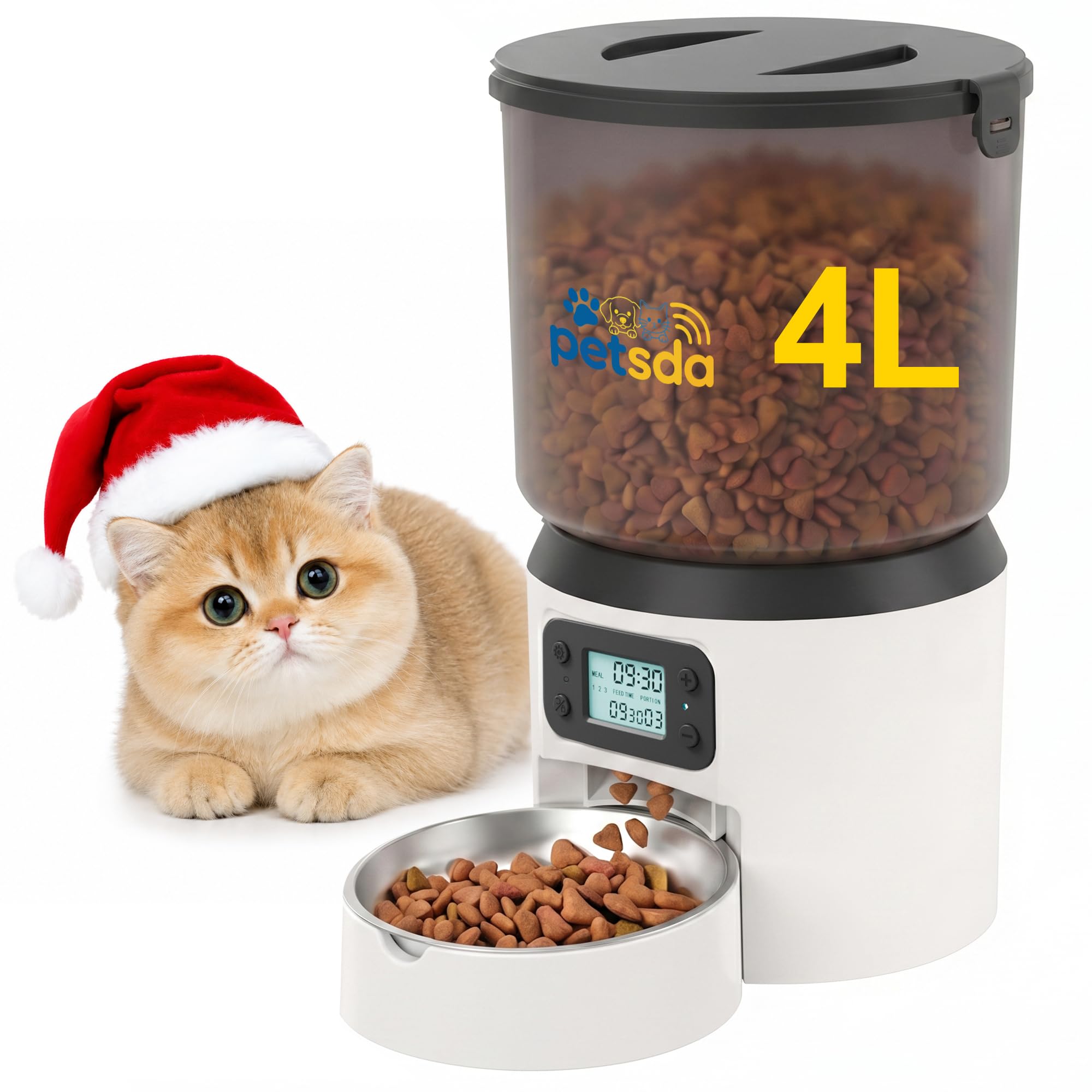 Automatic Cat Feeder 4L Timed Cat Dry Food Dispenser Auto Pet Feeder Portion Control up to 9 Meals/Day for Cats and Small Dogs Dual Power Supply, with Stainless Bowl Fresh Food, Easy Clean