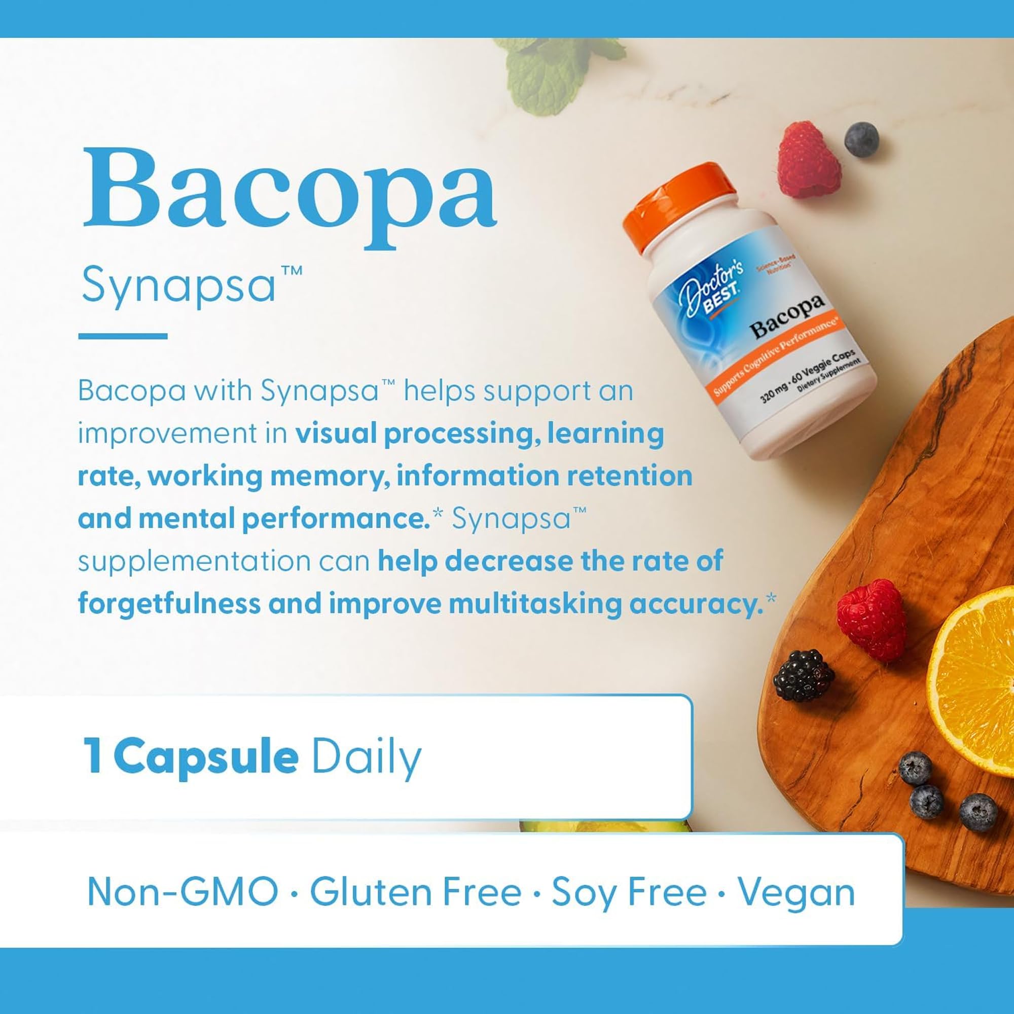 Doctors Best Bacopa Capsules - Bacopa Monnieri Extract Supplement for Men & Women, Supports Antioxidant Activity in the Brain, Memory & Focus Support, Vegan, Gluten Free, Non GMO - 60 Veg Caps