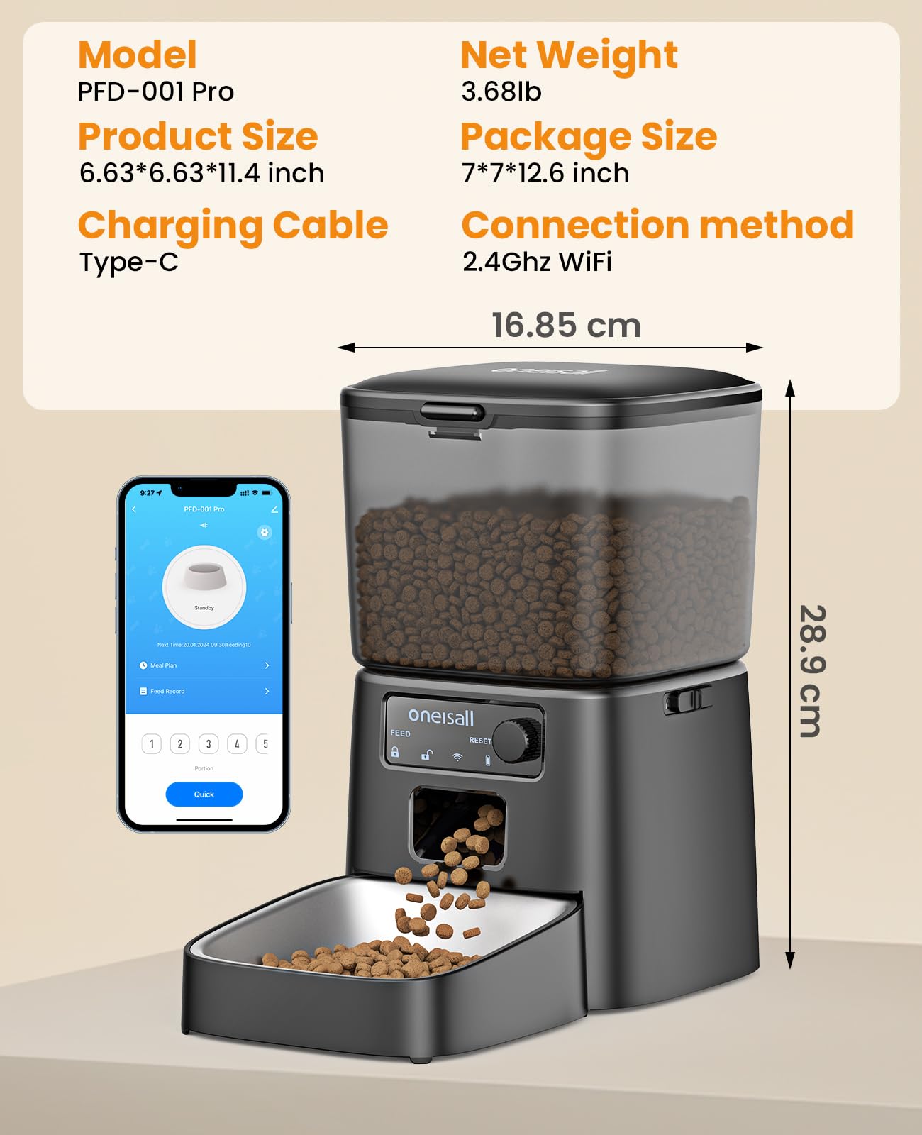 oneisall 2.4 GHz Wi-Fi Automatic Cat Feeder, 3.5L/15 Cups