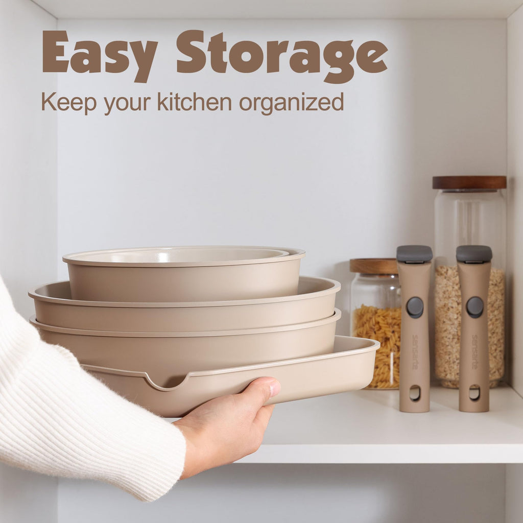 SENSARTE 17 Piece Ceramic Detachable Handle Pots and Pans Set Almond Beige