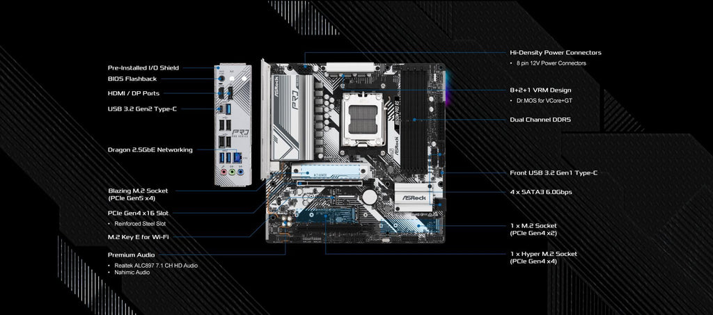 Asrock B650M Pro RS AMD Socket AM5 Ryzen 7000/8000/9000 Series DDR5 7200+ (OC) MHz 256GB M.2 Key E for WiFi SATA3 6.0 Gb/s Micro ATX Motherboard 2.5G LAN BIOS Flashback