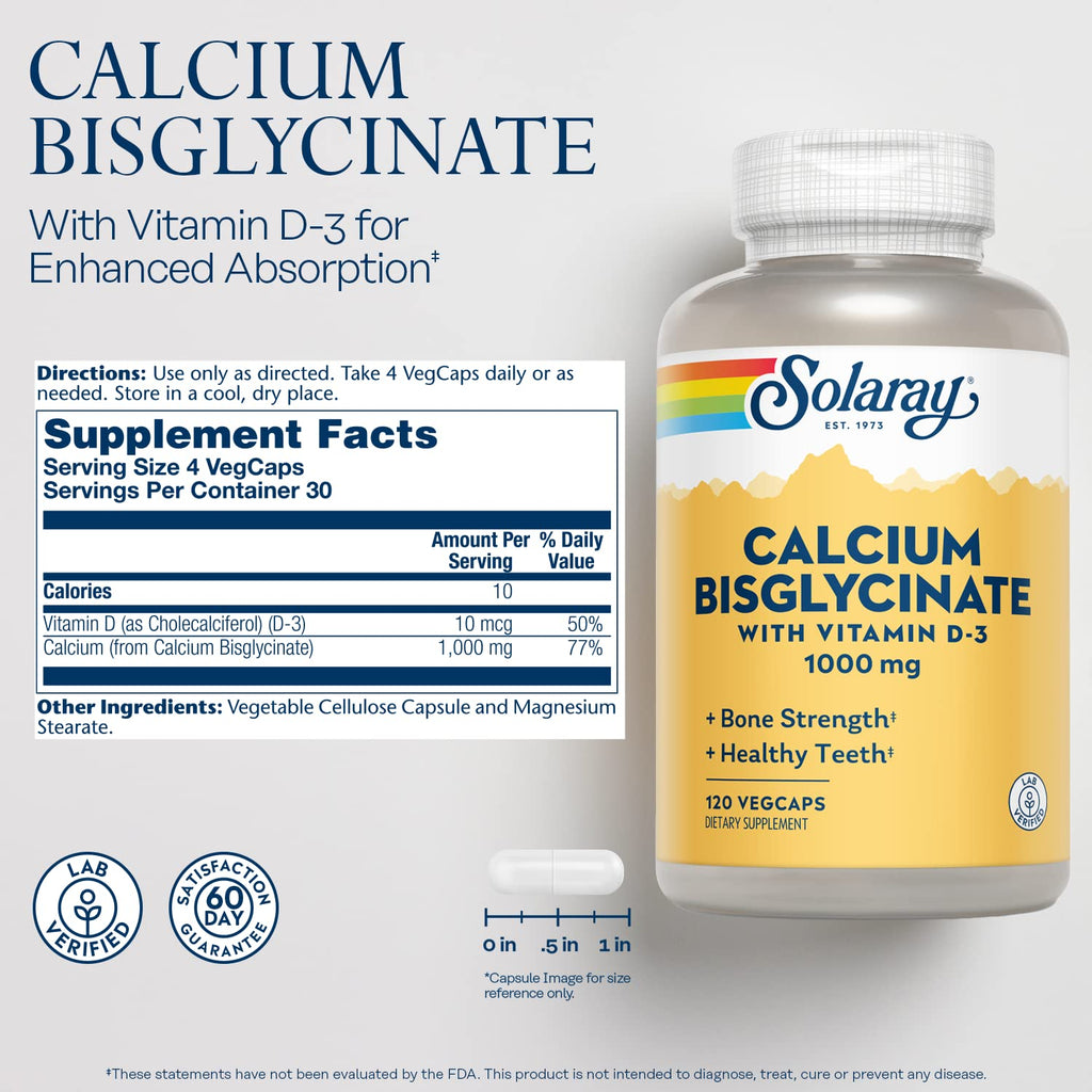 SOLARAY Calcium Bisglycinate Supplement 1000mg for Women & Men 120 Veg Caps
