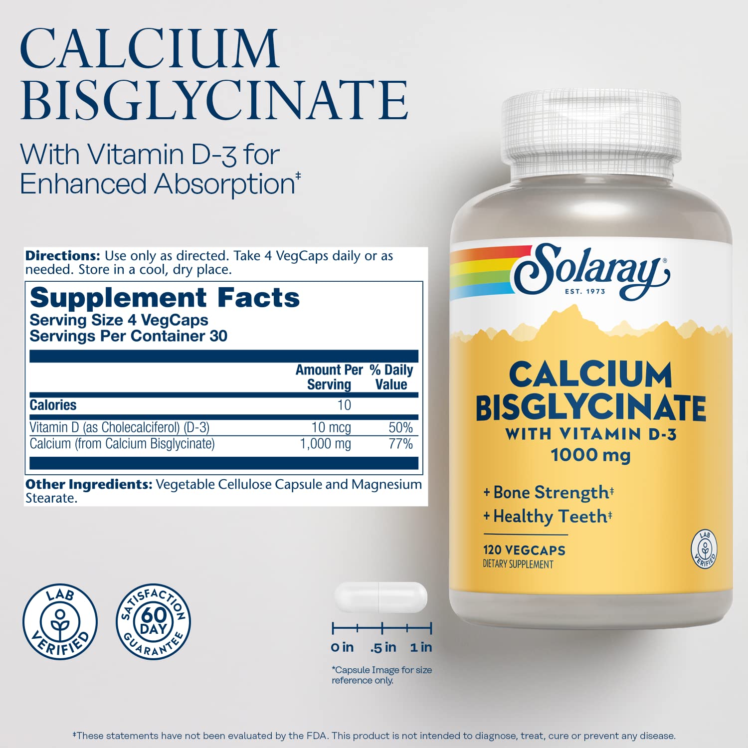 SOLARAY Calcium Bisglycinate Supplement 1000mg for Women & Men 120 Veg Caps