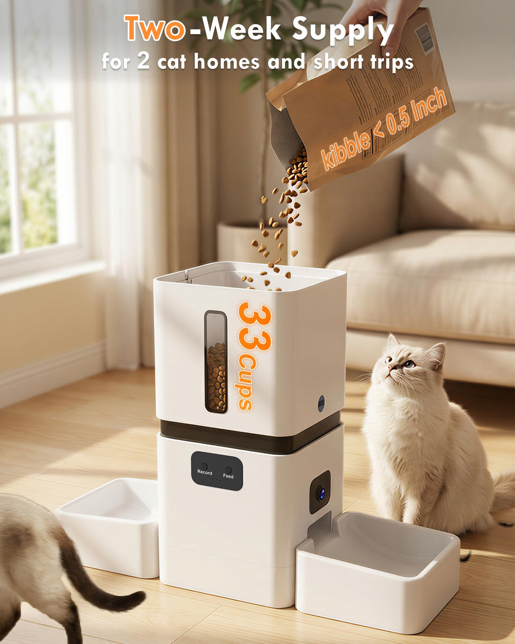 Yakry Automatic Cat Feeder for 2 Cats with Dual Bowls & Two HD Cameras