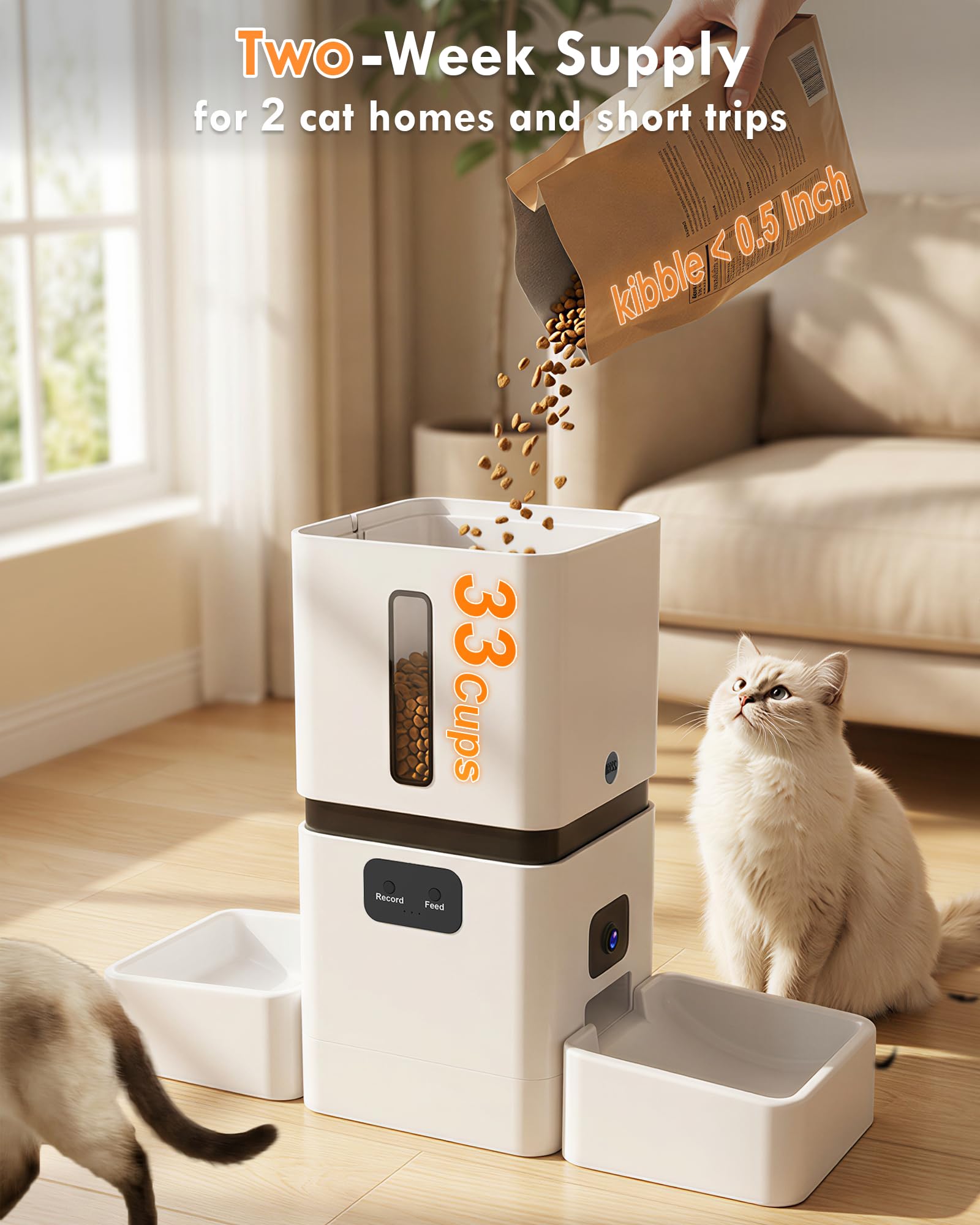 Yakry Automatic Cat Feeder for 2 Cats with Dual Bowls & Two HD Cameras