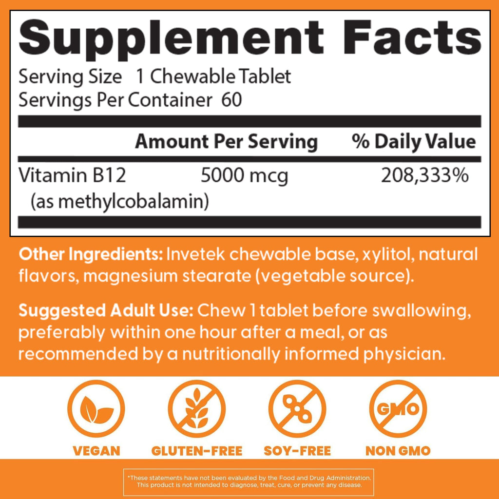Doctor's Best Chewable Vitamin B12 Methylcobalamin for Men & Women - Vitamin B 12 5000 mcg, VIT B-12 Supplement, Vegan, Gluten Free, Non GMO, Fully Active, Mixed Berries Flavor - 60 Tablets