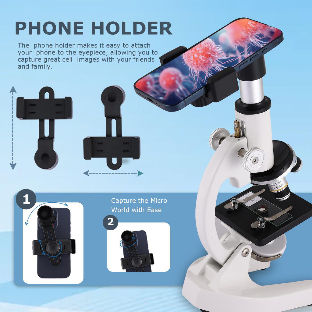Microscope for Adults & Kids, 40X-2500X High-Power Compound Microscope for Students, School Lab & Home Schooling,Equiped with Slides Set & Phone Holder (Light White)