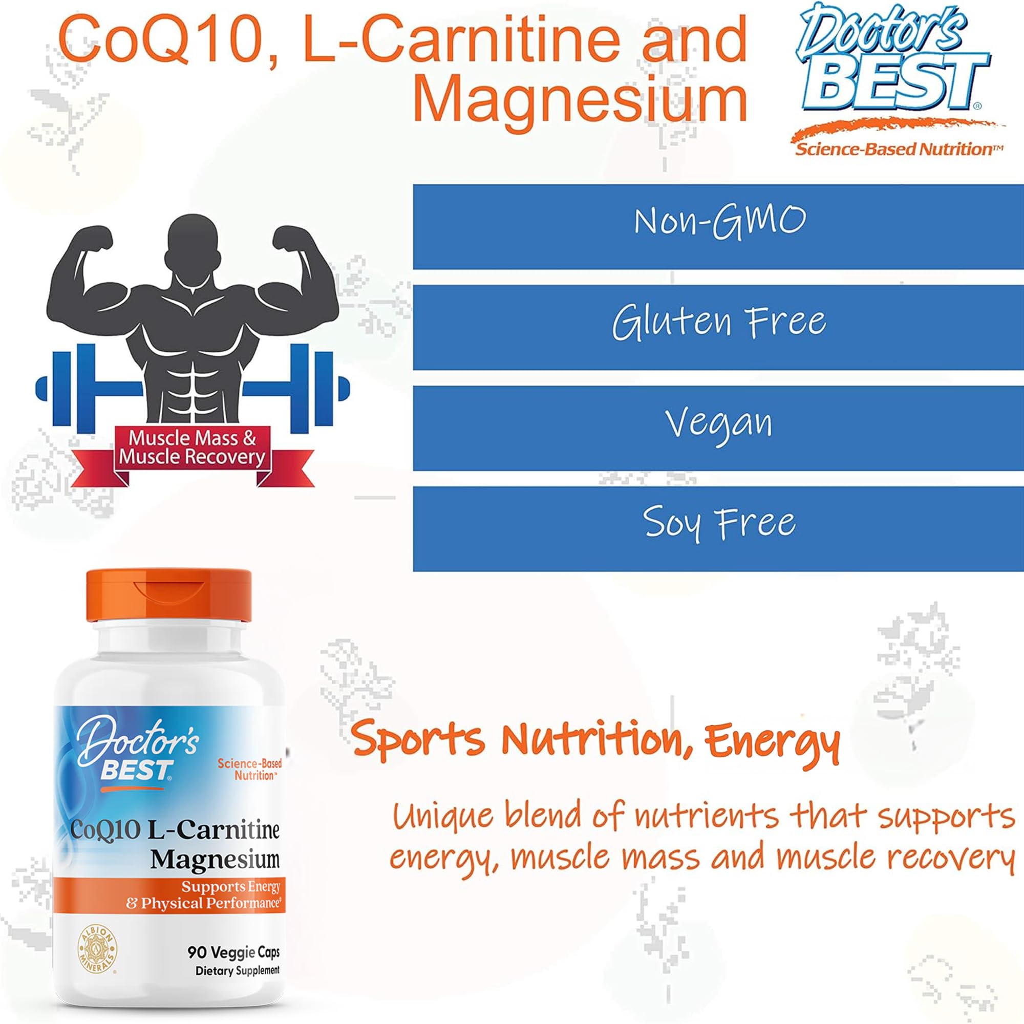 Doctor's Best CoQ10 L-Carnitine Magnesium Supplement - Energy & Exercise Support for Men & Women, Naturally Fermented Coenzyme Q10, Gluten Free, Soy Free, Vegan Formula - 90 Veg Caps