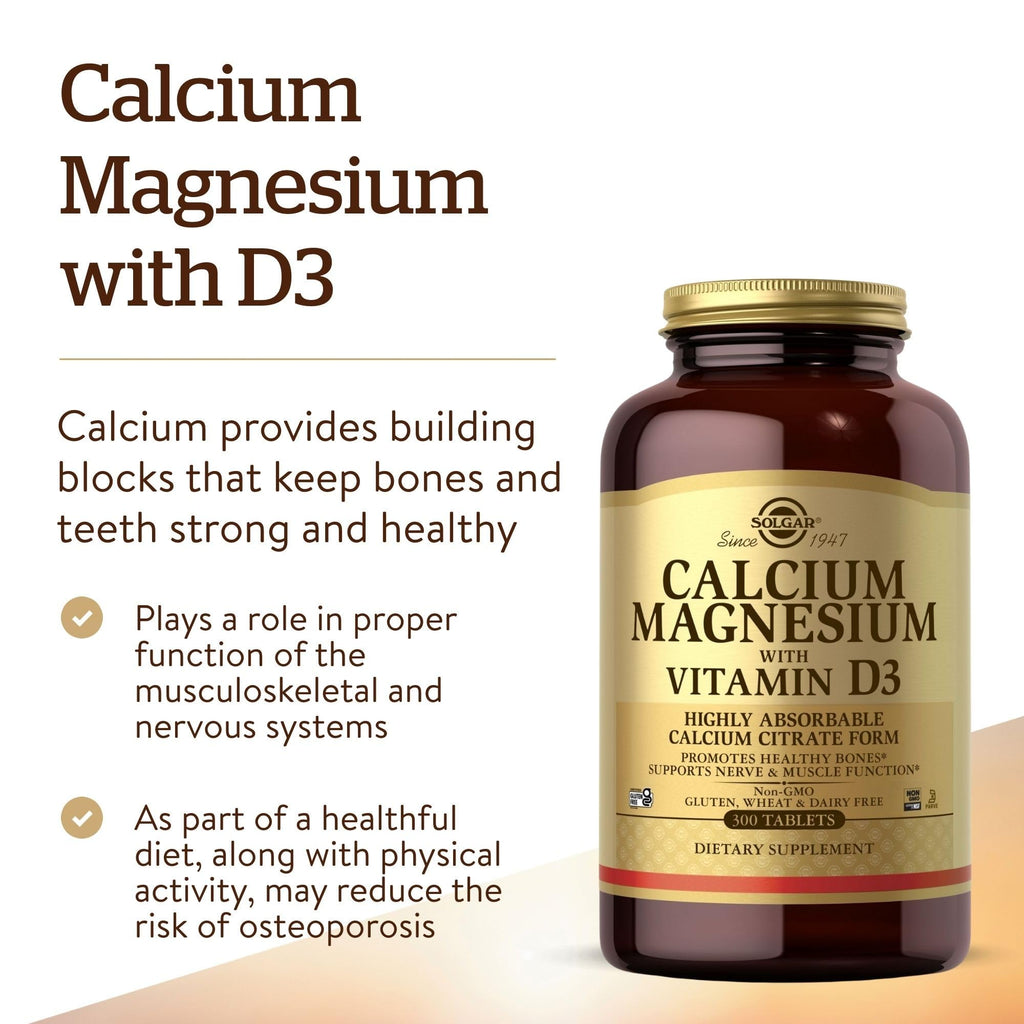 Solgar Calcium Magnesium with Vitamin D3, 300 Tablets - Promotes Healthy Bones, Supports Nerve & Muscle Function - Highly Absorbable Form - Non-GMO and Gluten Free - 60 Servings, (Pack of 2)