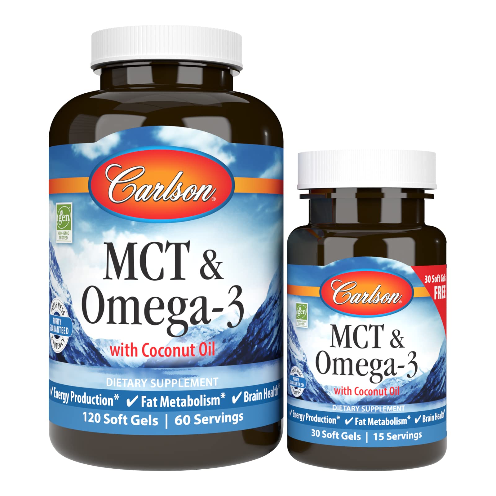 Carlson MCT & Omega-3, Keto-Friendly, Coconut Oil, 120 + 30 Softgels