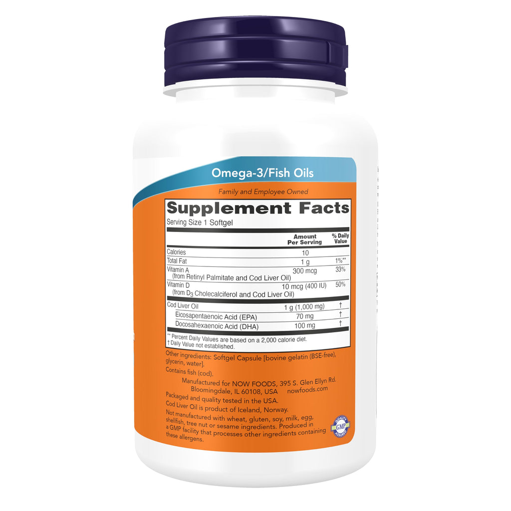 NOW Foods Supplements, Cod Liver Oil, Extra Strength 1,000 mg with Vitamins A & D-3, EPA, DHA, 90 Softgels