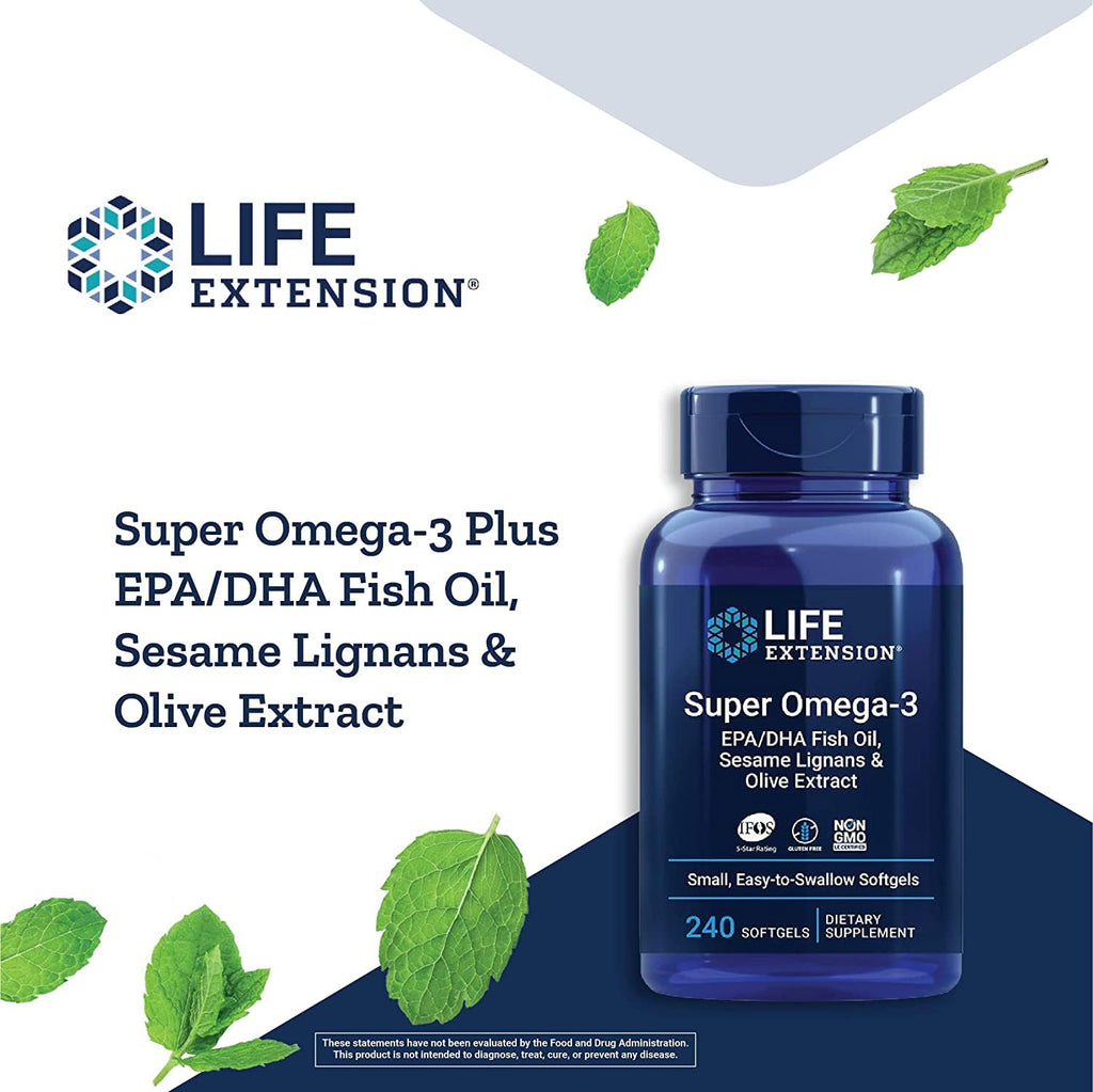 Life Extension Super Omega-3 EPA/DHA Fish Oil, Sesame Lignans & Olive Extract – Heart, Brain, Inflammation Health Support, Gluten-Free, Easy to Swallow, Non-GMO, 240 Softgels (Pack of 2)