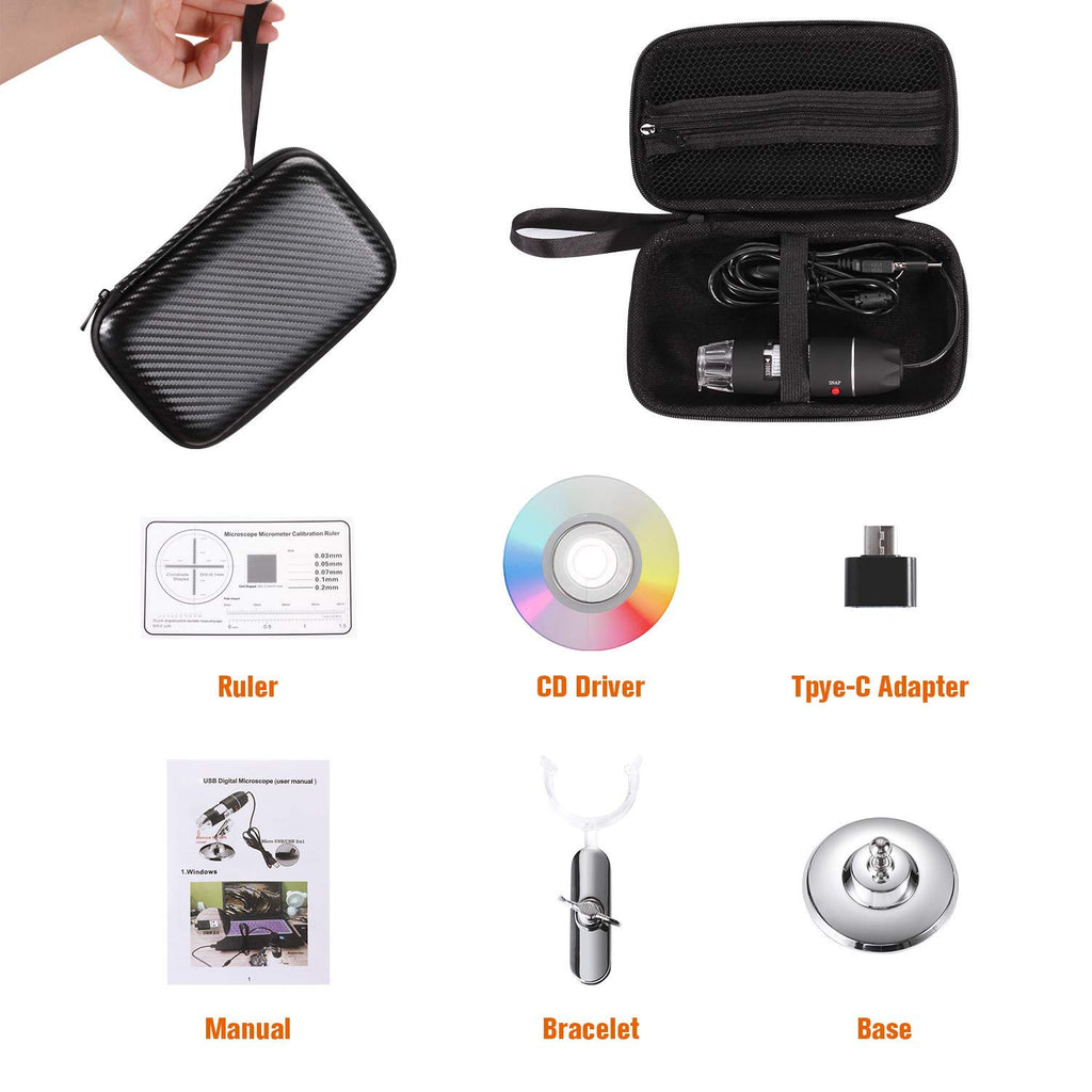 USB Digital Microscope 40X to 1000X, 8 LED Magnification Endoscope Camera with Carrying Case & Metal Stand, Compatible for Android Windows 7 8 10 11 Linux Mac (Not for iPhone/iPad)