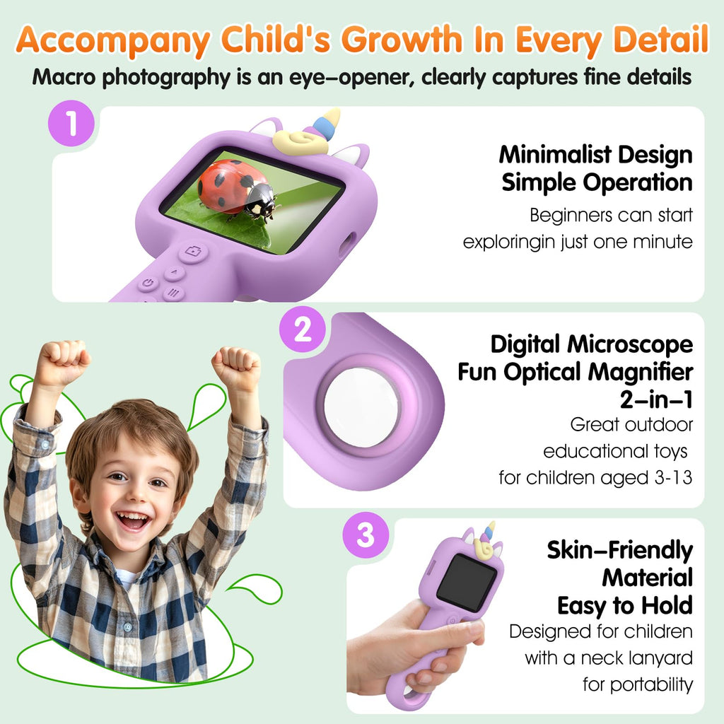Kids Microscope, 2.4" Screen Handheld Digital Microscope 600X with 4K Camera & 8 LED Lights, Portable Pocket Microscope for Bugs Plants Nature Exploration, STEM Science Toy Gift Ages 3-12（Purple）