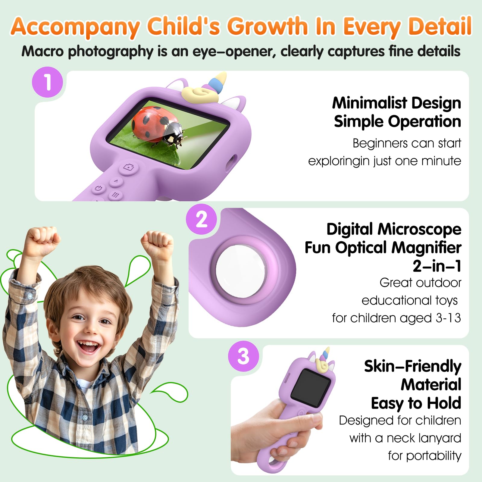 Kids Microscope, 2.4" Screen Handheld Digital Microscope 600X with 4K Camera & 8 LED Lights, Portable Pocket Microscope for Bugs Plants Nature Exploration, STEM Science Toy Gift Ages 3-12（Purple）