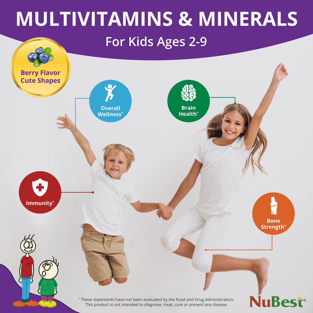 NuBest Tall Kids - Toddlers Vitamins and Kids Vitamins for Age 2 to 9 - Support Bone Strength, Overall Health and Immunity - Animal Shapes - 90 Chewable Berry Tablets | 6 Weeks Supply