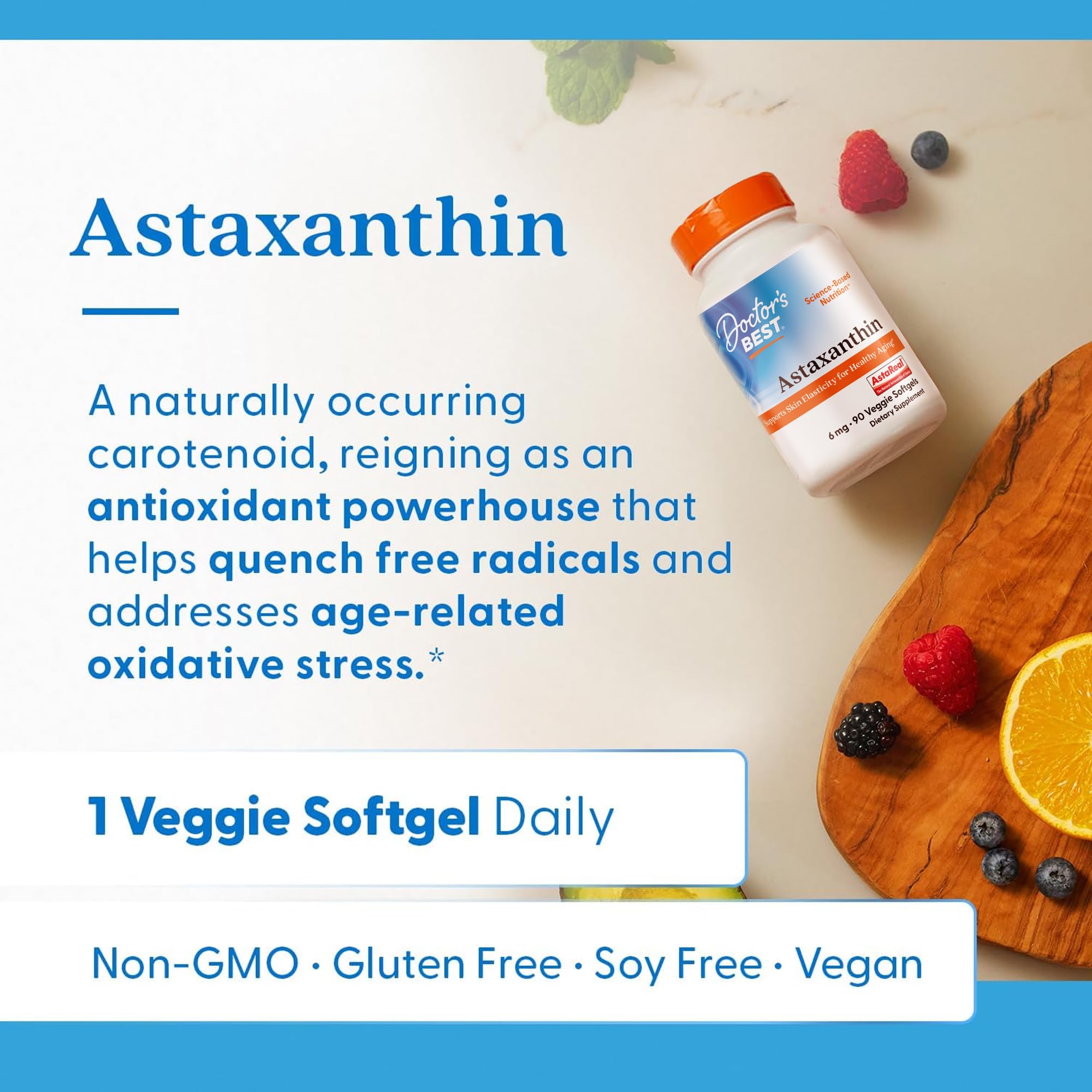 Doctor's Best Astaxanthin Vegan Supplement 6 mg - Skin Elasticity & Antioxidant Support for Men & Women, Extract from Haematococcus Pluvialis Microalgae, Non GMO, Gluten Free - 90 Veggie Softgels